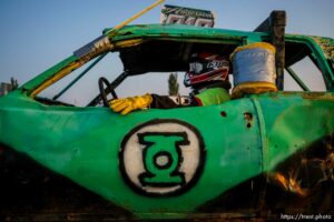 (Trent Nelson  |  The Salt Lake Tribune) Andrew Anderson at Punishment at the Peak, a demolition derby in Grantsville on Saturday, Aug. 7, 2021.