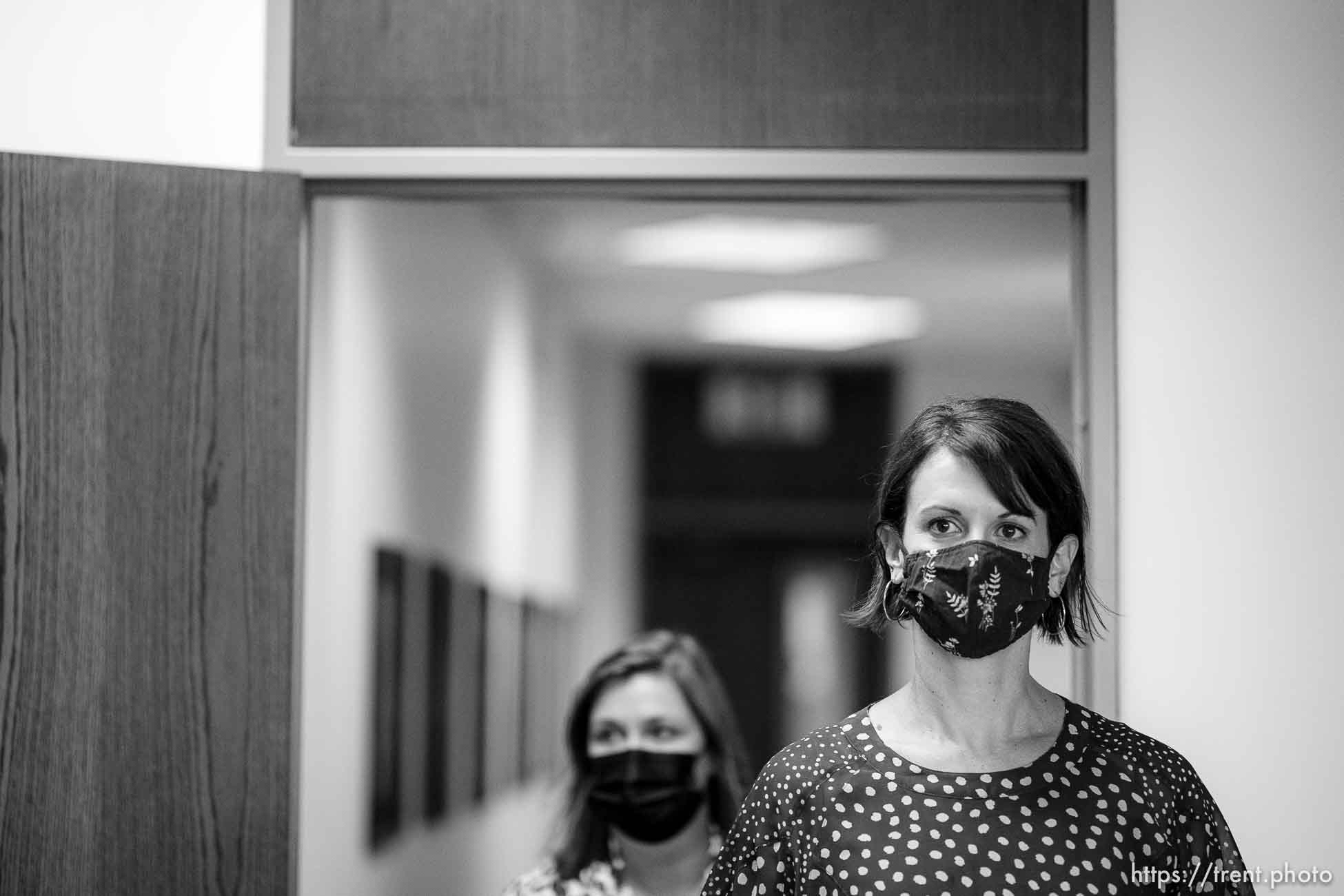 (Trent Nelson  |  The Salt Lake Tribune) Executive director of Salt Lake County Health Department Dr. Angela Dunn and Salt Lake County mayor Jenny Wilson arrive at a news conference in Salt Lake City on Tuesday, Aug. 10, 2021.