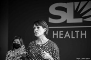 (Trent Nelson  |  The Salt Lake Tribune) Executive director of Salt Lake County Health Department Dr. Angela Dunn speaks at a news conference in Salt Lake City on Tuesday, Aug. 10, 2021. At left is Salt Lake County mayor Jenny Wilson.