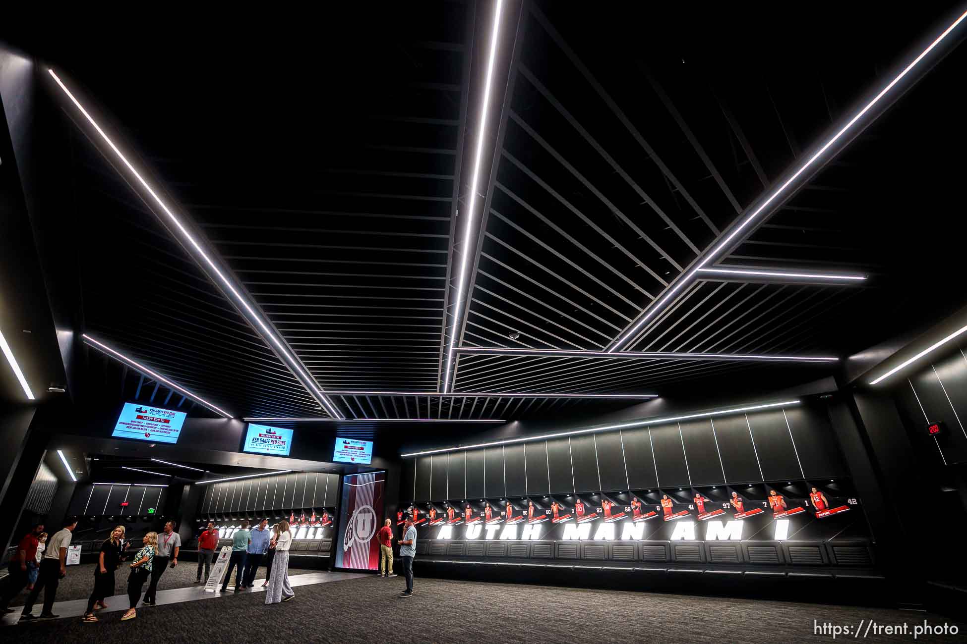 (Trent Nelson  |  The Salt Lake Tribune) The new locker room for the Utah Utes and Ken Garff Red Zone at Rice-Eccles Stadium in Salt Lake City was officially unveiled in a ribbon-cutting ceremony on Thursday, Aug. 12, 2021.