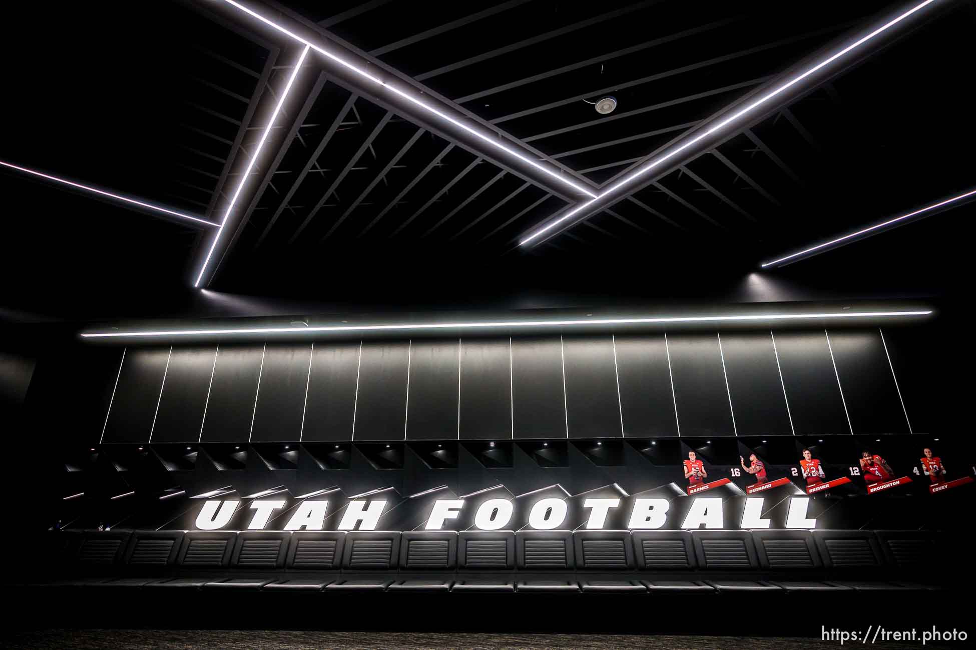 (Trent Nelson  |  The Salt Lake Tribune) The new locker room for the Utah Utes and Ken Garff Red Zone at Rice-Eccles Stadium in Salt Lake City was officially unveiled in a ribbon-cutting ceremony on Thursday, Aug. 12, 2021.