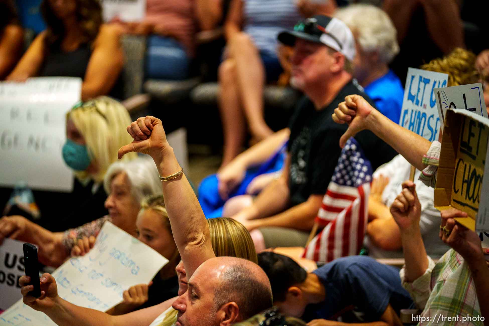 (Trent Nelson  |  The Salt Lake Tribune) People fill the room as the Salt Lake County Council voted down Dr. Angela Dunn's mask ordinance for K-6 students, on Thursday, Aug. 12, 2021.