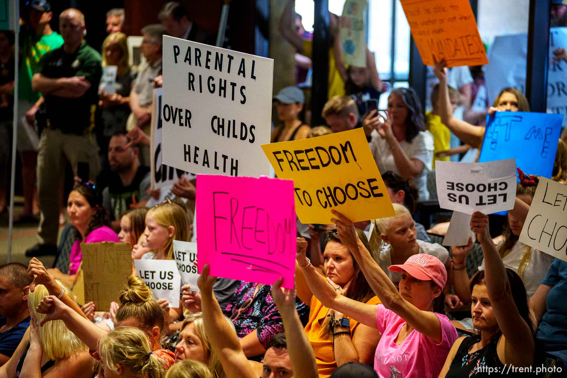 (Trent Nelson  |  The Salt Lake Tribune) People fill the room as the Salt Lake County Council voted down Dr. Angela Dunn's mask ordinance for K-6 students, on Thursday, Aug. 12, 2021.