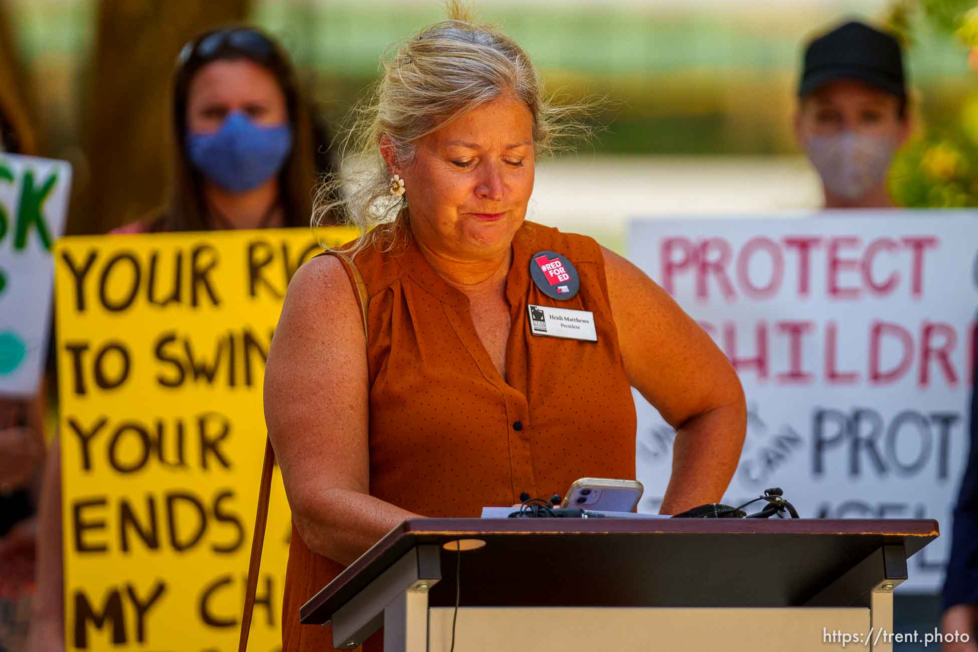 (Trent Nelson  |  The Salt Lake Tribune) Heidi Matthews, president of the Utah Education Association, reacts to the county's vote against a mask mandate in schools on Thursday, Aug. 12, 2021.