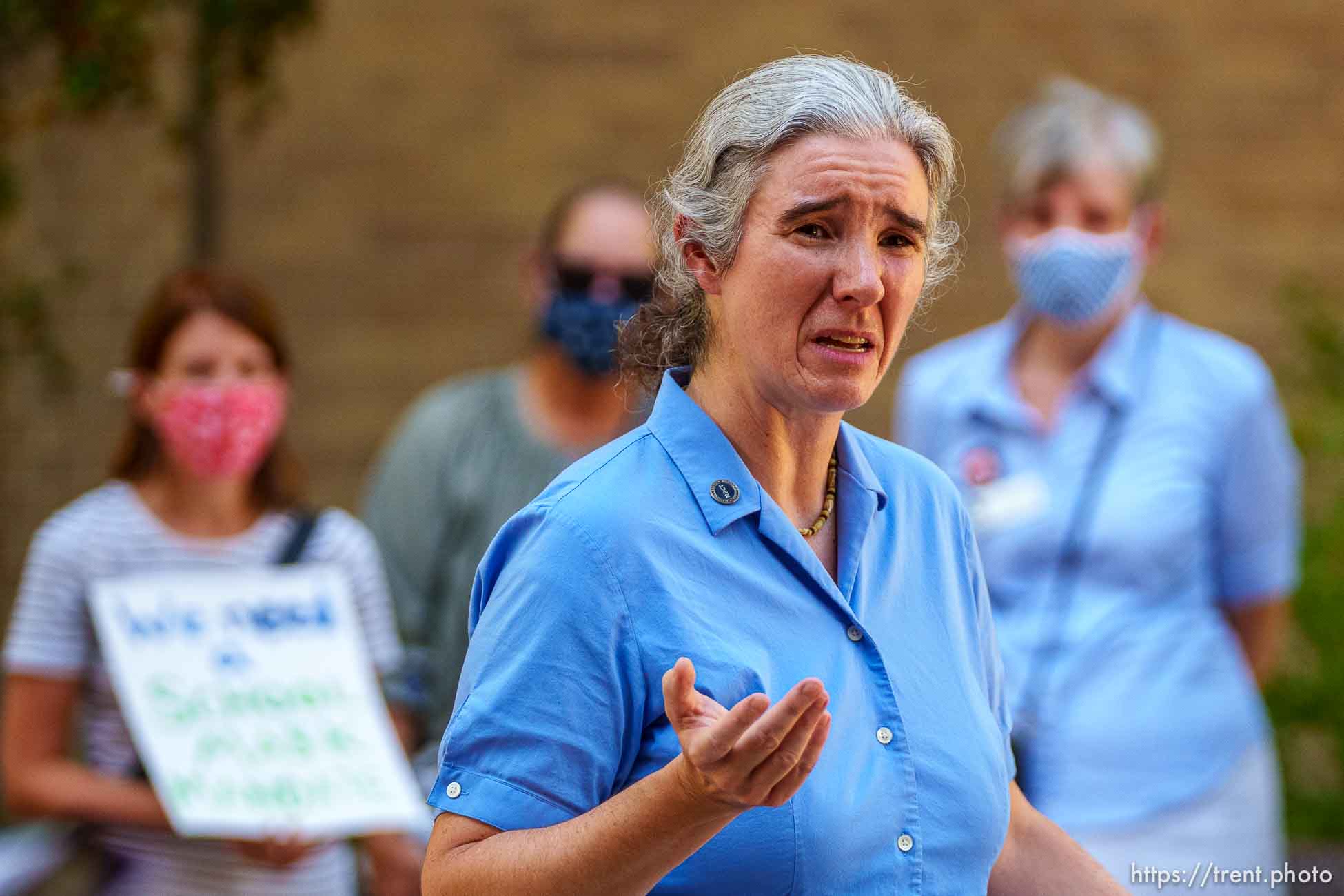 (Trent Nelson  |  The Salt Lake Tribune) Deborah Gatrell, an educator, reacts to the county's vote against a mask mandate in schools on Thursday, Aug. 12, 2021.