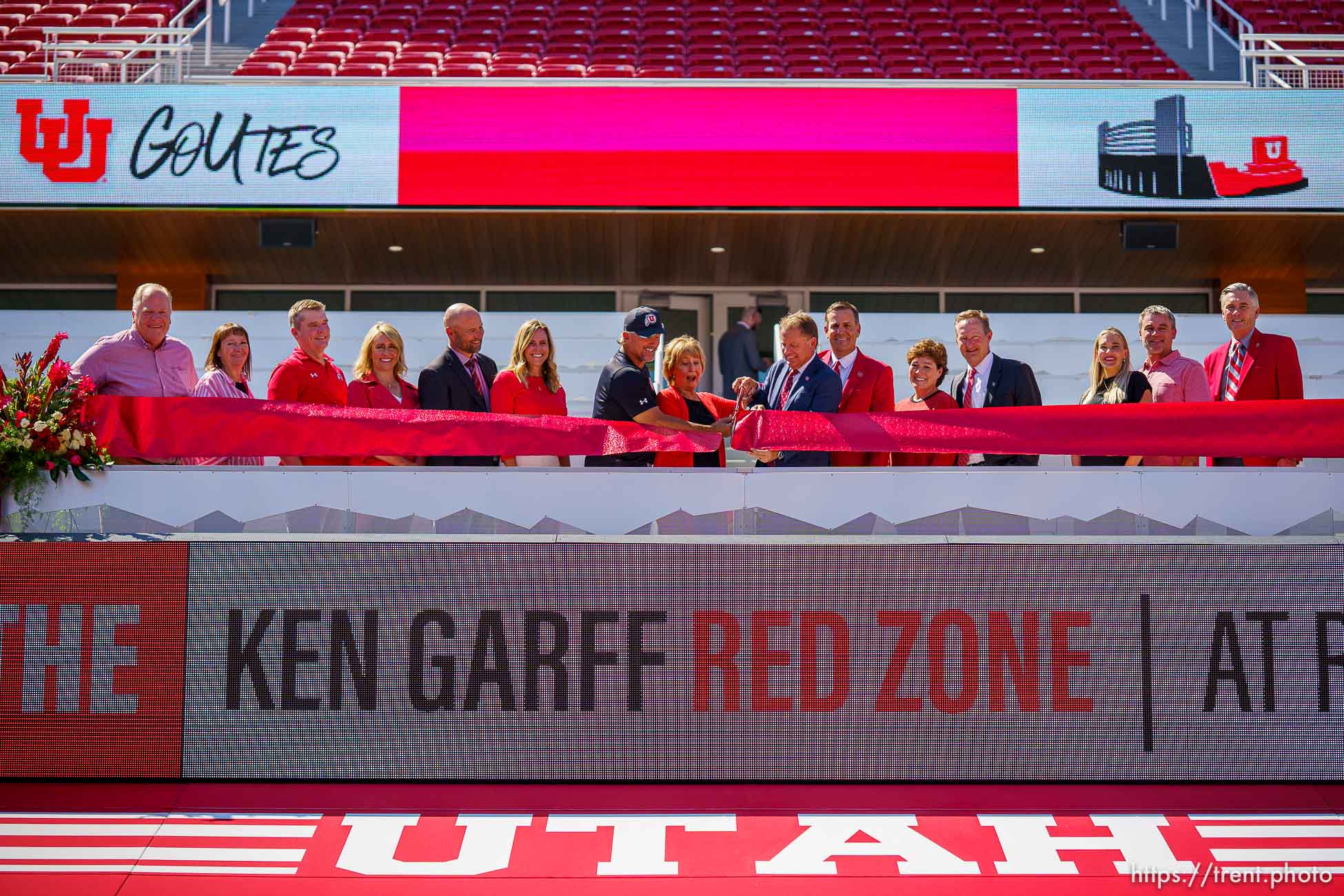 (Trent Nelson  |  The Salt Lake Tribune) The Ken Garff Red Zone at Rice-Eccles Stadium in Salt Lake City was officially unveiled in a ribbon-cutting ceremony on Thursday, Aug. 12, 2021.