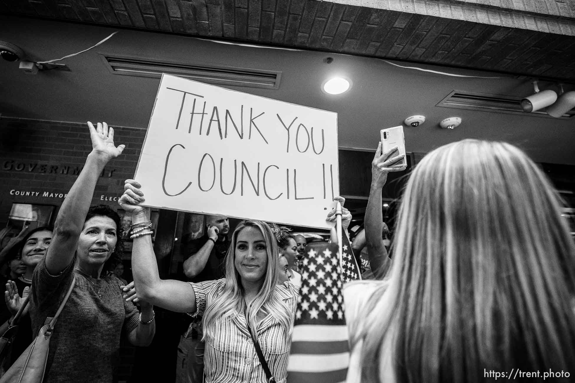 (Trent Nelson  |  The Salt Lake Tribune) Anti-mask mandate crowd celebrates after the Salt Lake County Council voted down Dr. Angela Dunn's mask ordinance for K-6 students, on Thursday, Aug. 12, 2021.