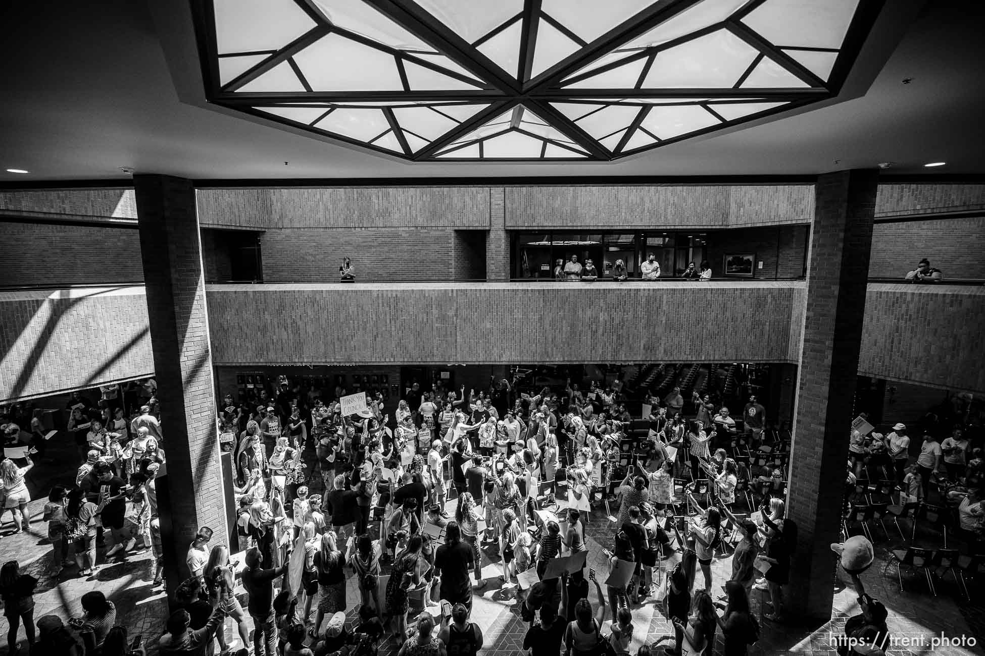 (Trent Nelson  |  The Salt Lake Tribune) Anti-mask mandate crowd celebrates after the Salt Lake County Council voted down Dr. Angela Dunn's mask ordinance for K-6 students, on Thursday, Aug. 12, 2021.