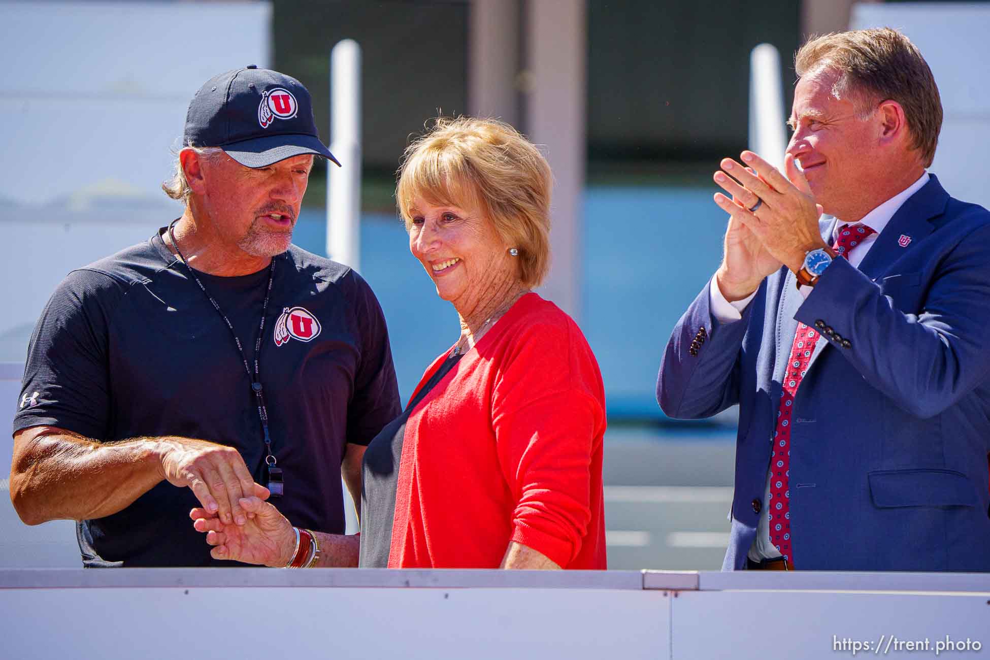 (Trent Nelson  |  The Salt Lake Tribune) Football coach Kyle Whittingham, Kathi Garff, and University of Utah president Taylor R. Randall as the Ken Garff Red Zone at Rice-Eccles Stadium in Salt Lake City is officially unveiled in a ribbon-cutting ceremony on Thursday, Aug. 12, 2021.