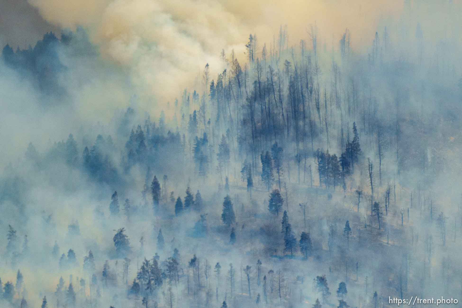 (Trent Nelson  |  The Salt Lake Tribune) Wind blows the smoke away for a moment, revealing the damage from the Parleys Canyon Fire burns on Saturday, Aug. 14, 2021.