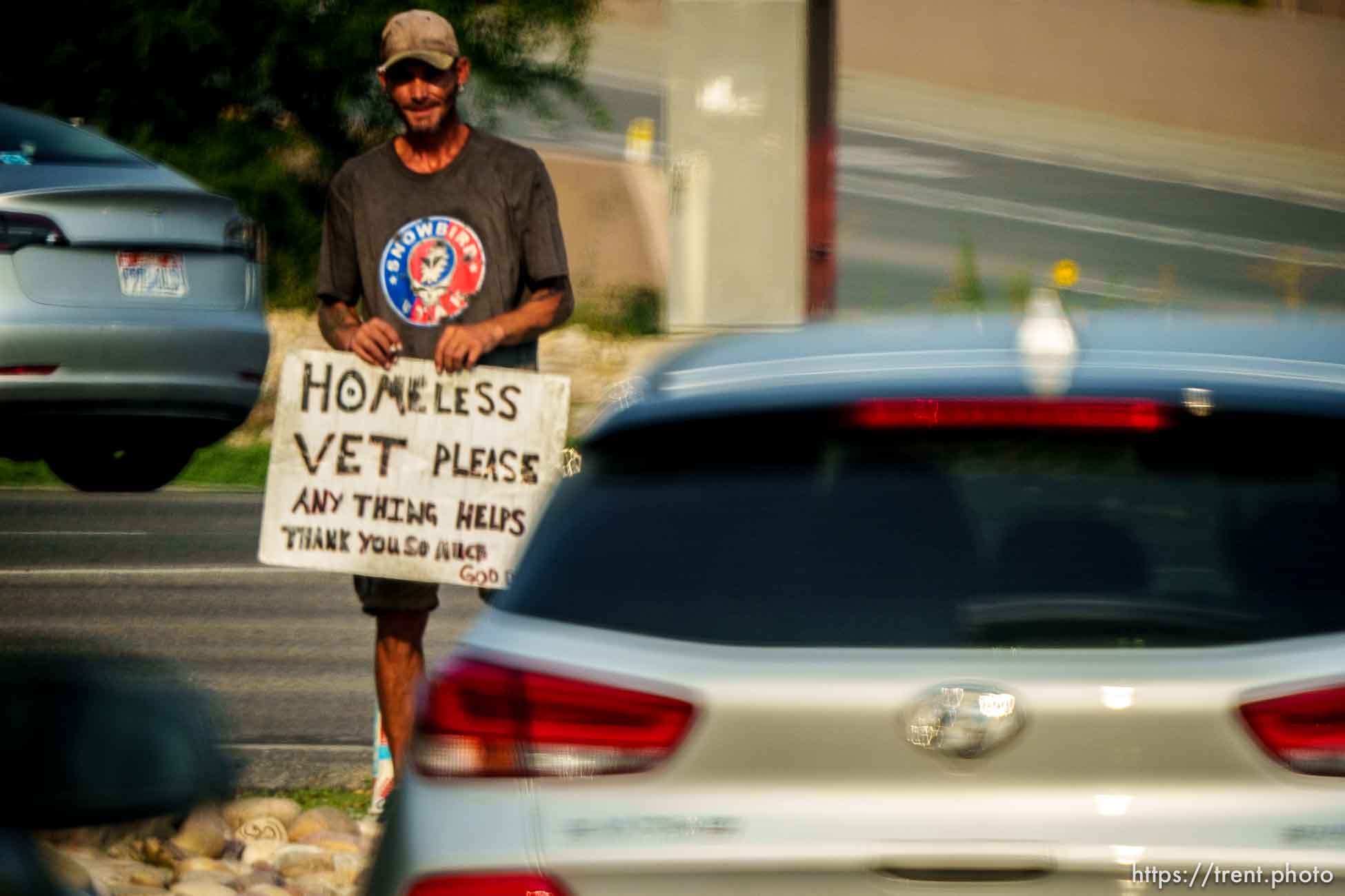 homeless vet, freeway offramp on Monday, Aug. 16, 2021.