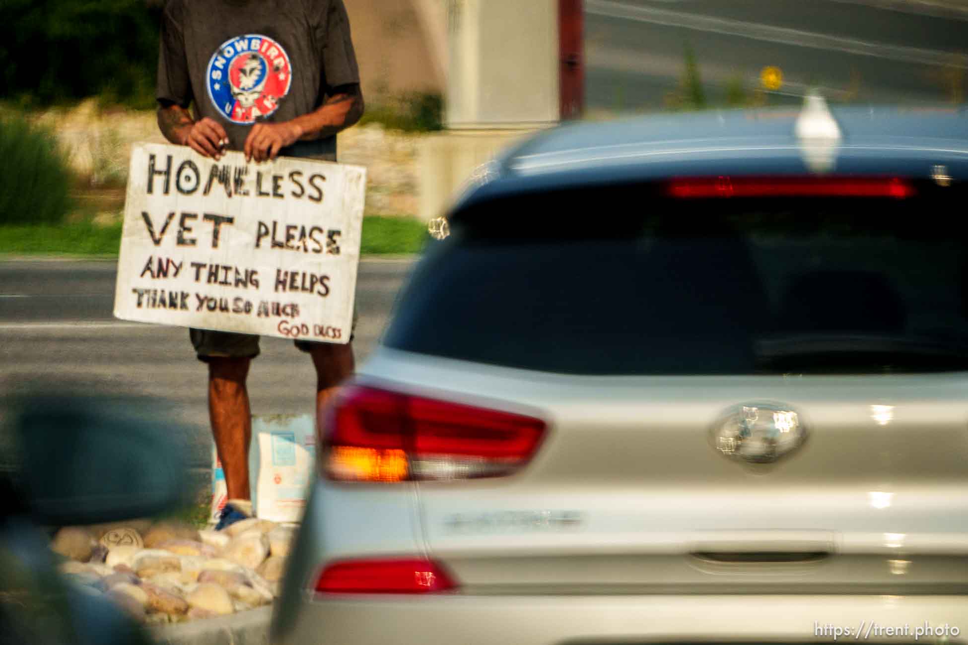 homeless vet, freeway offramp on Monday, Aug. 16, 2021.