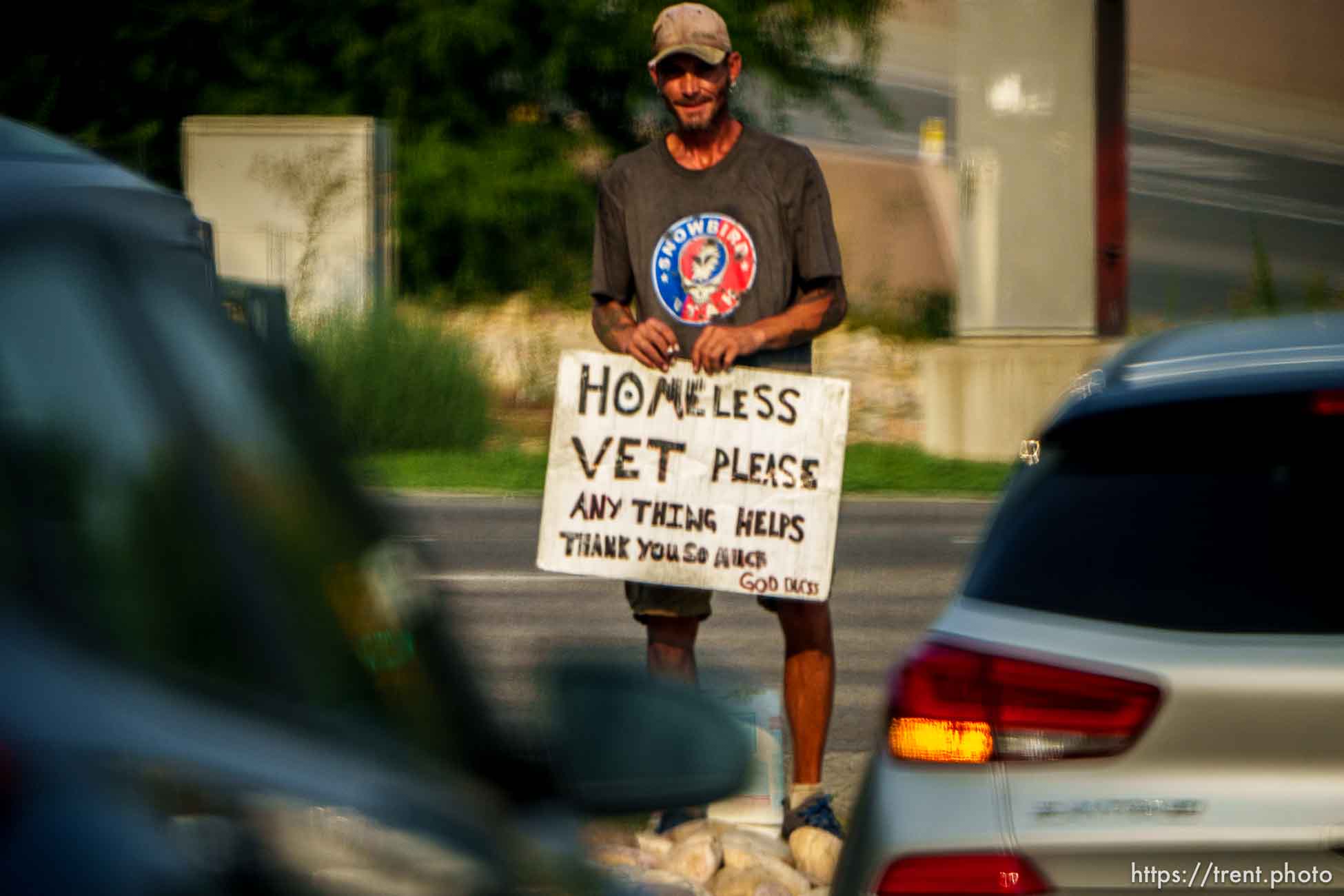 homeless vet, freeway offramp on Monday, Aug. 16, 2021.