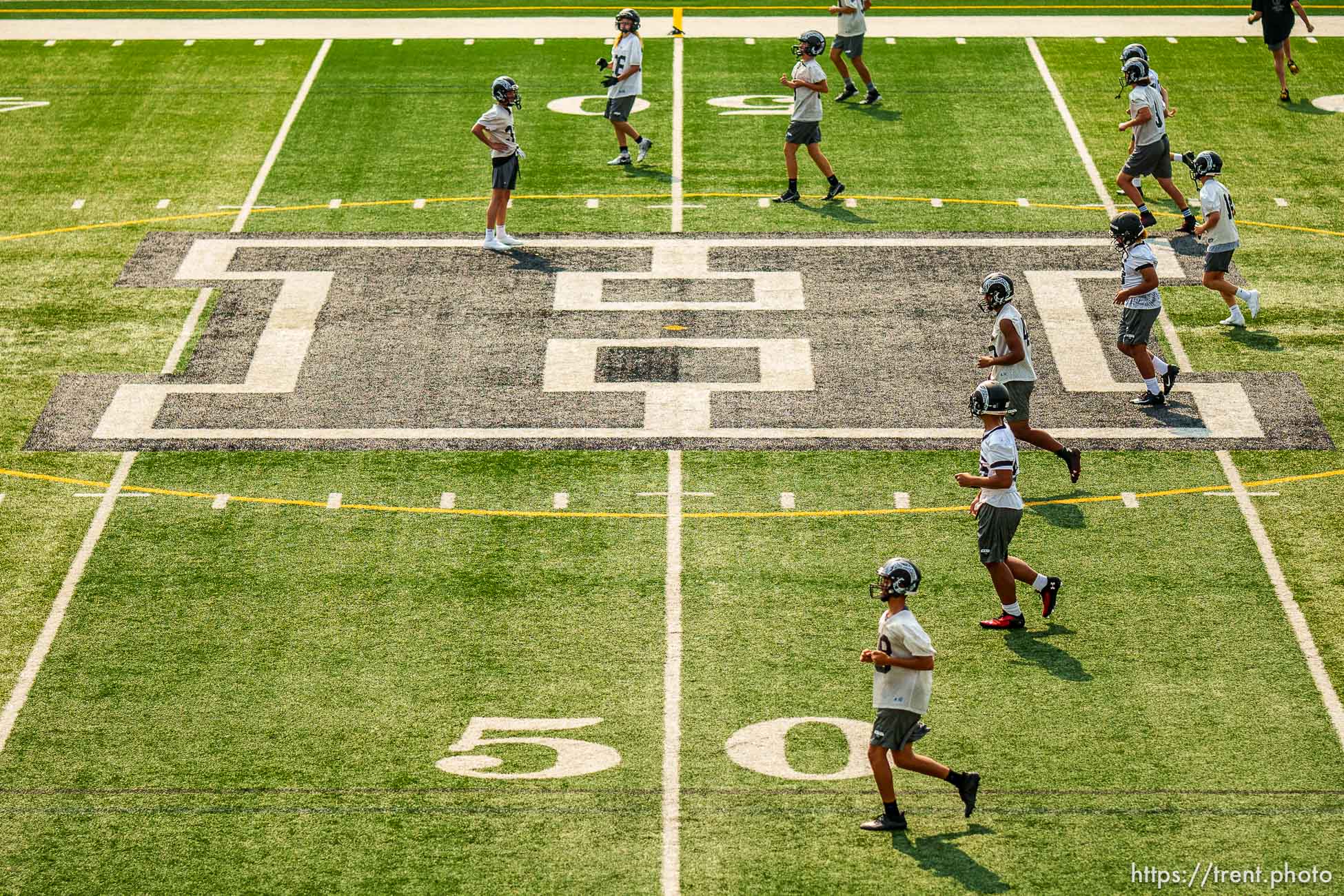 (Trent Nelson  |  The Salt Lake Tribune) Football practice at Highland High School in Salt Lake City on Thursday, Aug. 19, 2021.