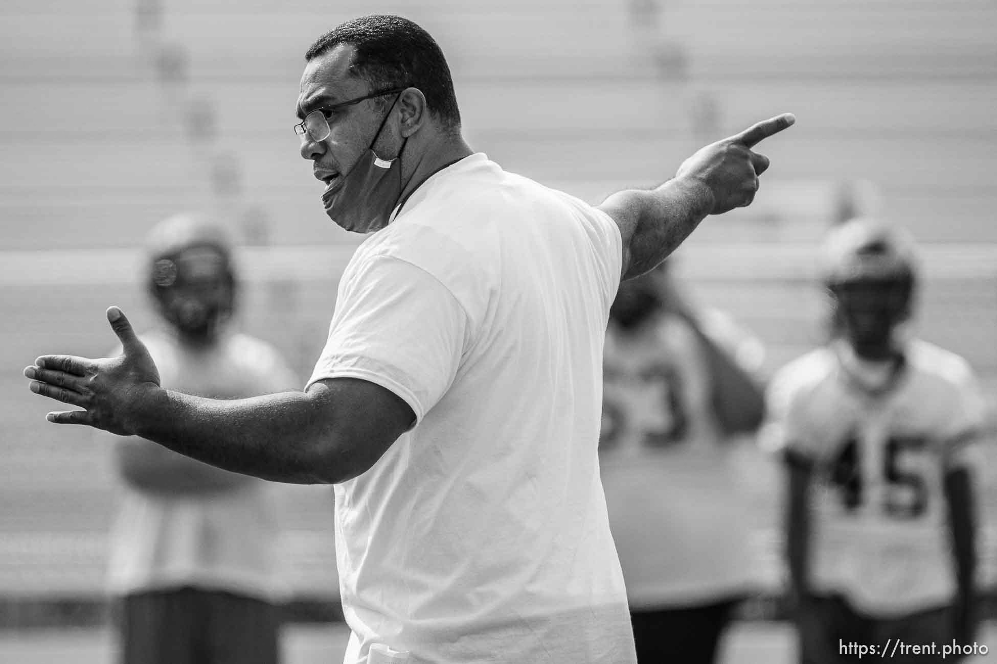 (Trent Nelson  |  The Salt Lake Tribune) Football coach Kautai Olevao directs practice at Highland High School in Salt Lake City on Thursday, Aug. 19, 2021.