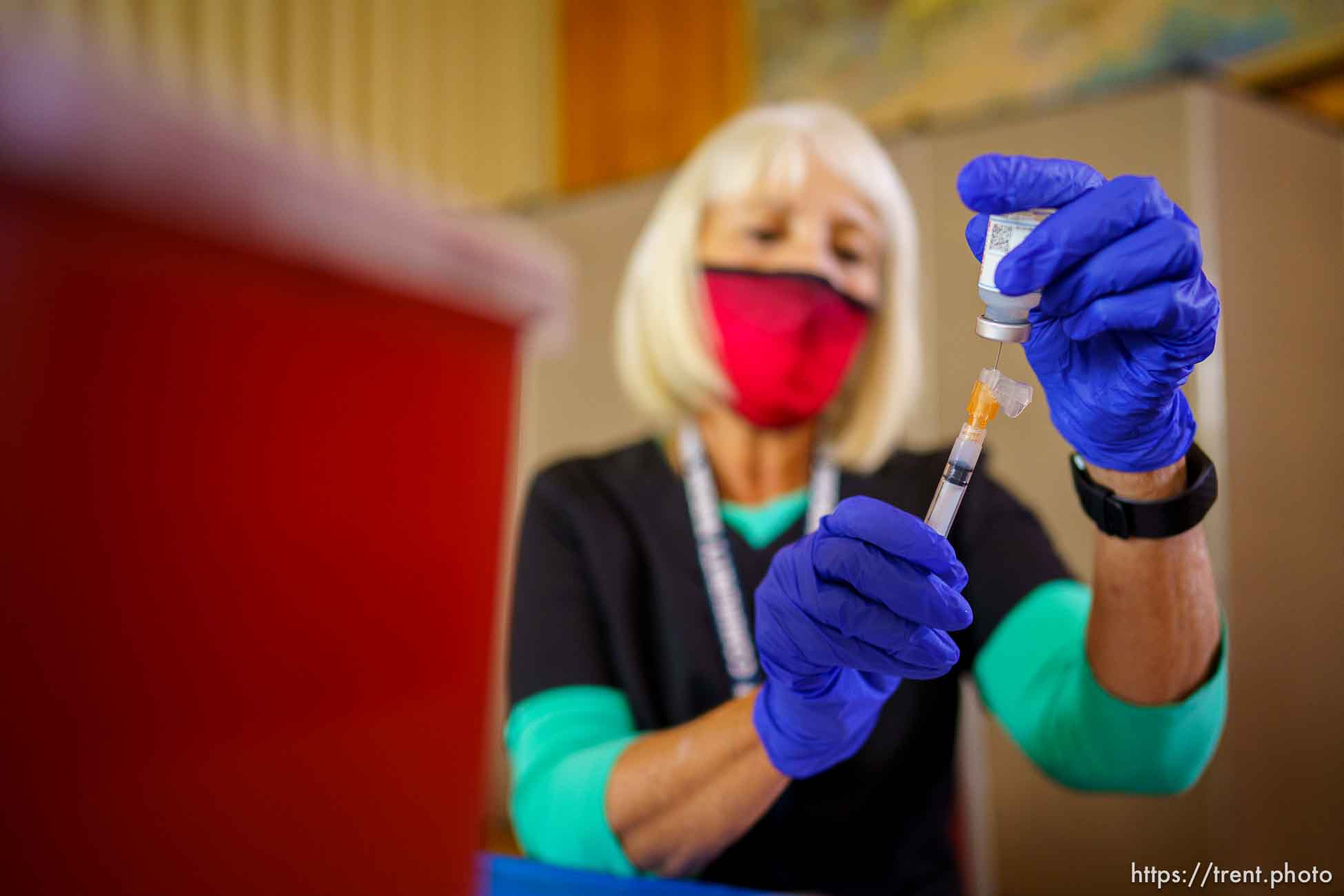 (Trent Nelson  |  The Salt Lake Tribune) Nurse Sue Day at work as COVID-19 vaccines are offered to University of Utah students in Salt Lake City on Friday, Aug. 20, 2021.