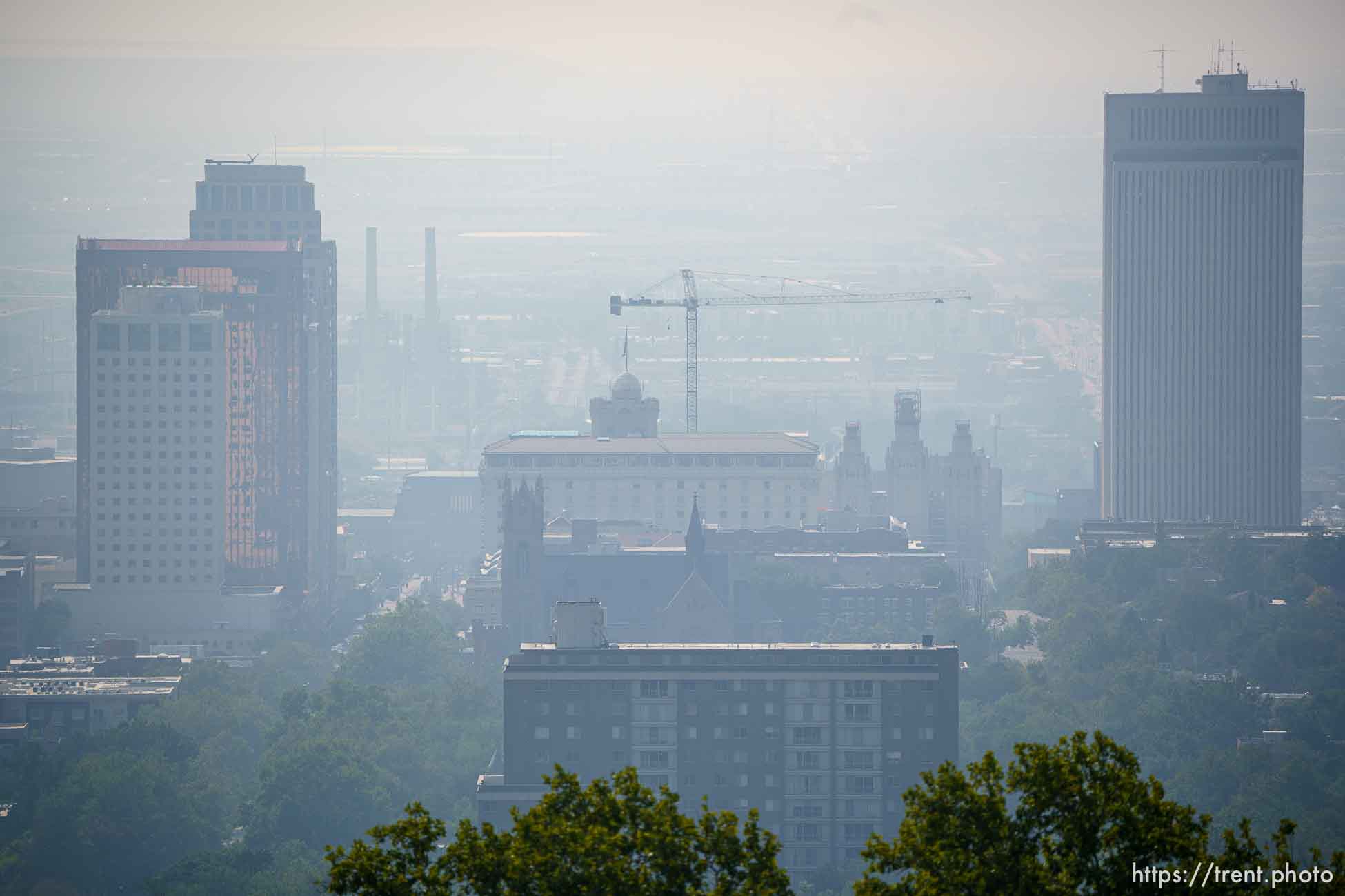 (Trent Nelson  |  The Salt Lake Tribune) Smoke over Salt Lake City on Friday, Aug. 20, 2021.