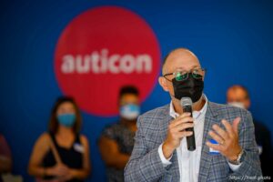 (Trent Nelson  |  The Salt Lake Tribune) David Aspinall speaks at the opening of auticon in Salt Lake City on Thursday, Aug. 26, 2021.