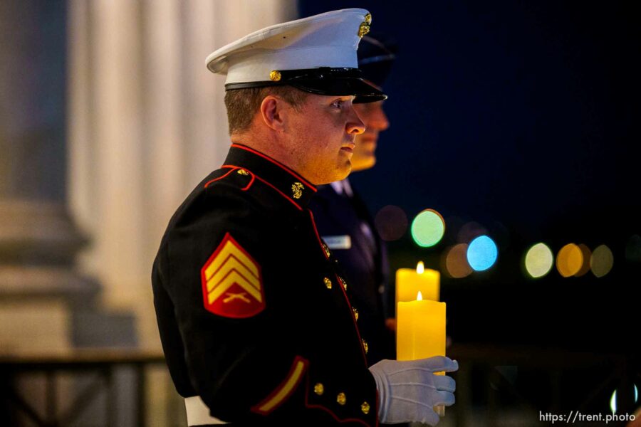 (Trent Nelson  |  The Salt Lake Tribune) Sgt. Josh Daniels and Captain Mike Johnson at a vigil at the State Capitol in Salt Lake City for Staff Sgt. Taylor Hoover on Sunday, Aug. 29, 2021.. Hoover was killed in a suicide bombing in Kabul, Afghanistan.
