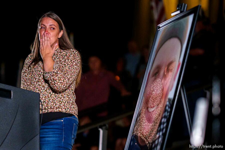 (Trent Nelson  |  The Salt Lake Tribune) Nancy Watson blows a kiss at a vigil at the State Capitol in Salt Lake City for Staff Sgt. Taylor Hoover on Sunday, Aug. 29, 2021.. Hoover was killed in a suicide bombing in Kabul, Afghanistan.