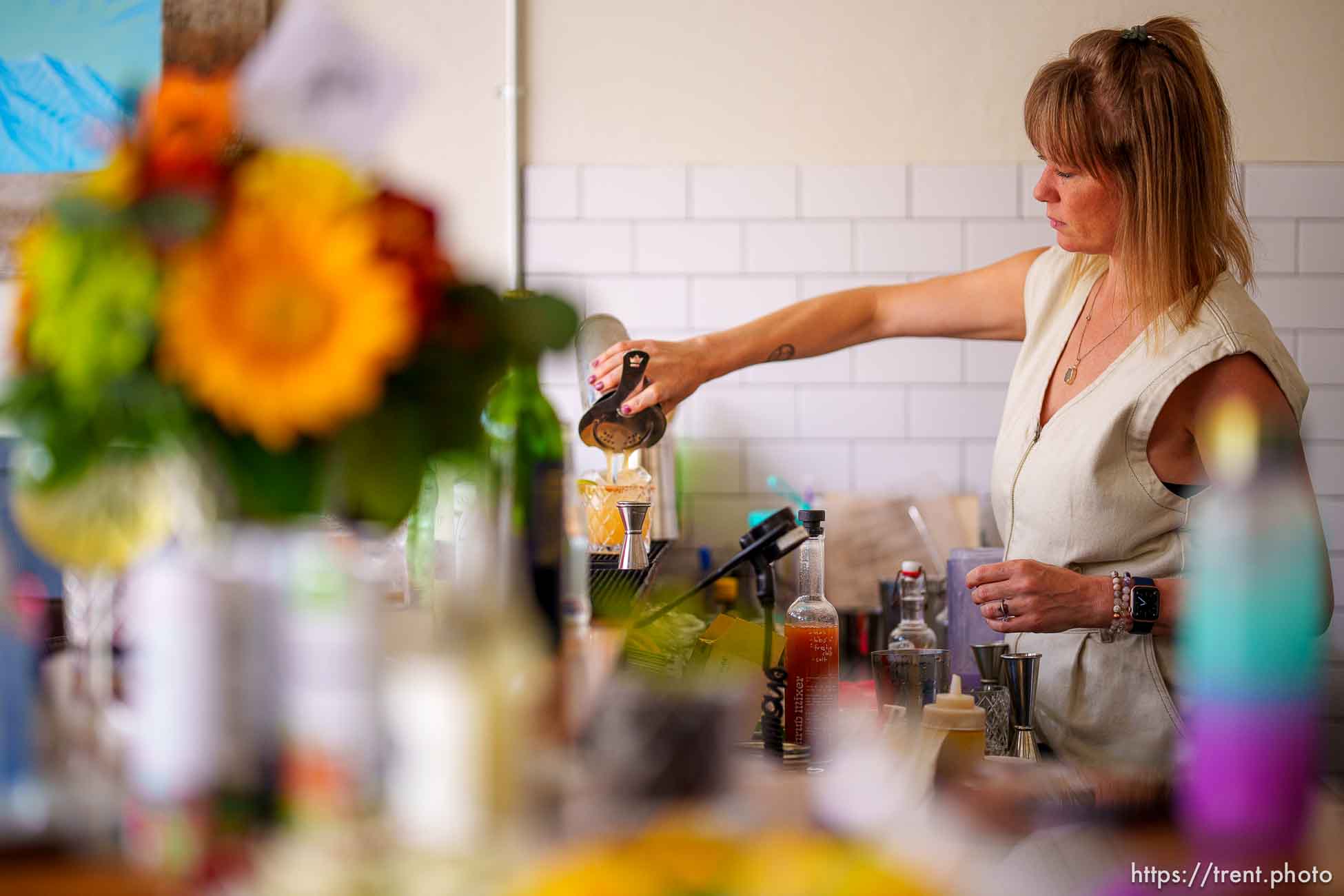 (Trent Nelson  |  The Salt Lake Tribune) Angelena Fuller mixes a drink at Oquirrh Restaurant in Salt Lake City on Monday, Aug. 30, 2021.