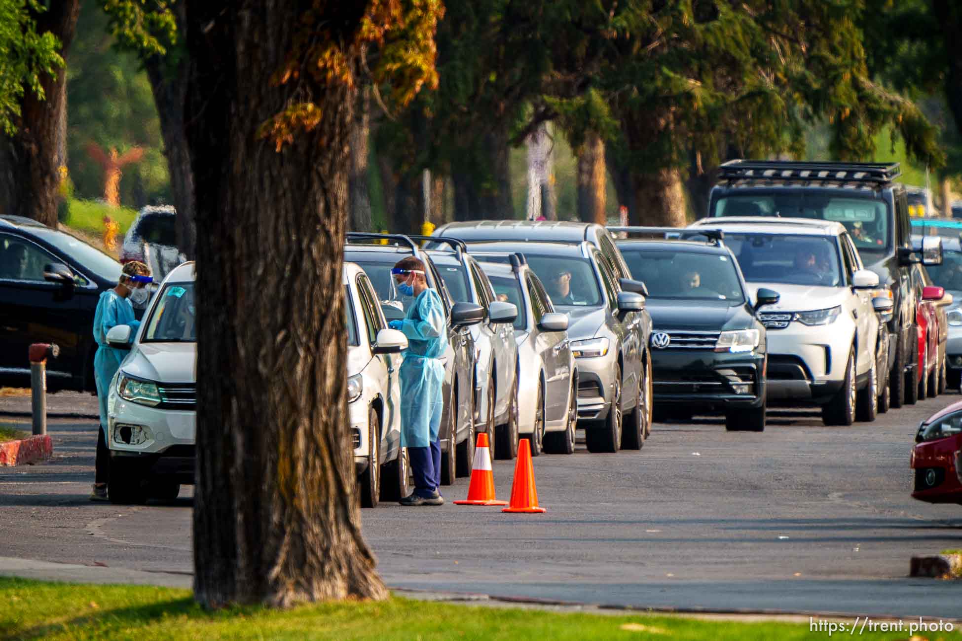 (Trent Nelson  |  The Salt Lake Tribune) COVID-19 tests are administered at Highland High School in Salt Lake City on Monday, Aug. 30, 2021.