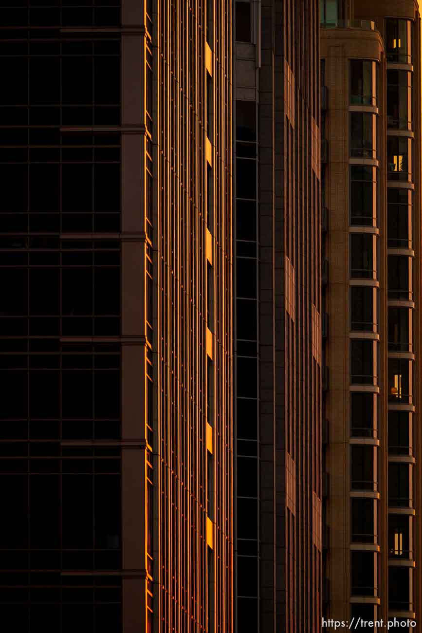 Light on buildings in downtown Salt Lake City on Monday, Aug. 30, 2021.