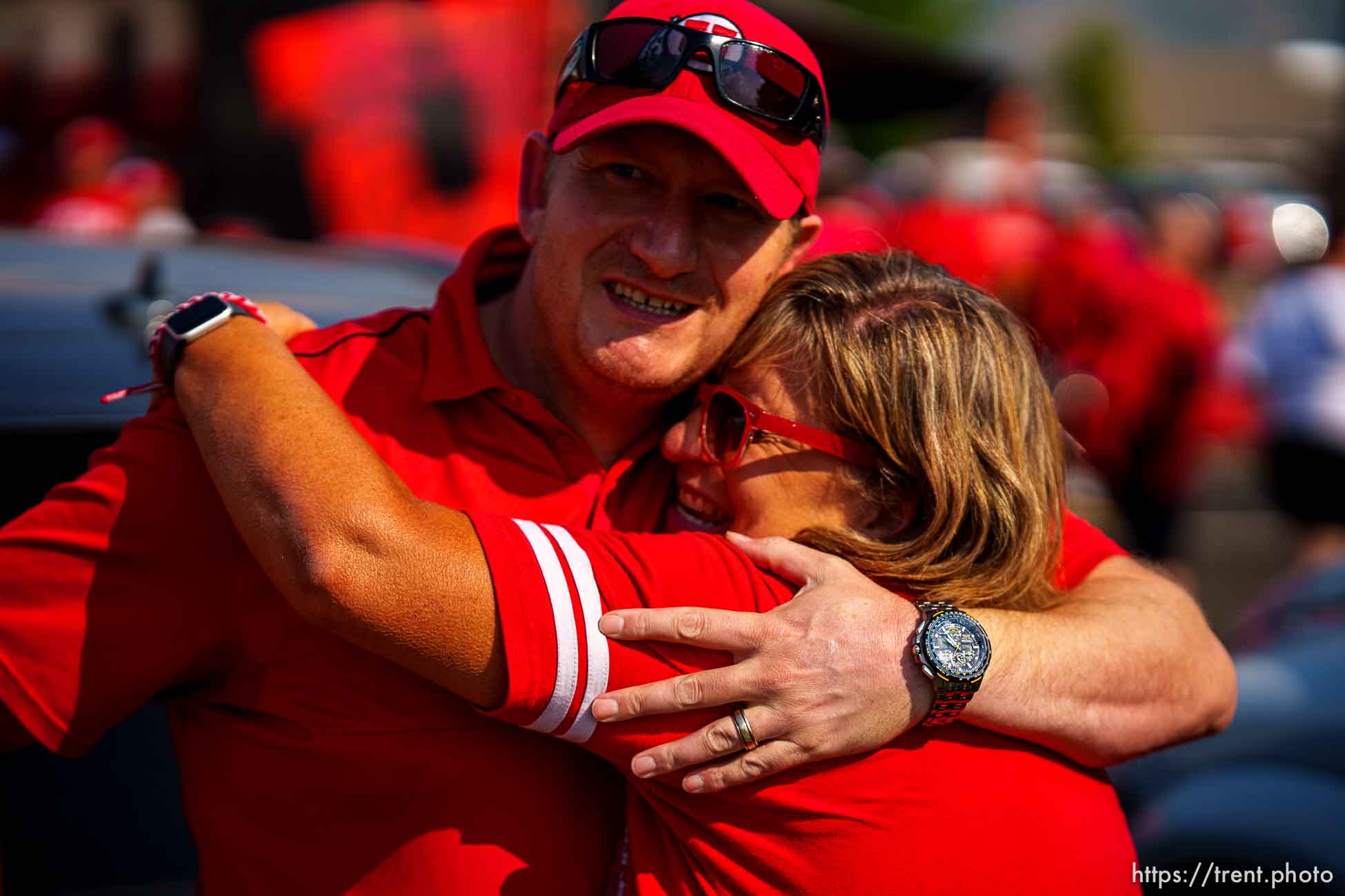 (Trent Nelson  |  The Salt Lake Tribune) Diane Templin embraces her nephew Jason Templin in the tailgate parking lot as the Utah Utes host the Weber State Wildcats in Salt Lake City on Thursday, Sept. 2, 2021.