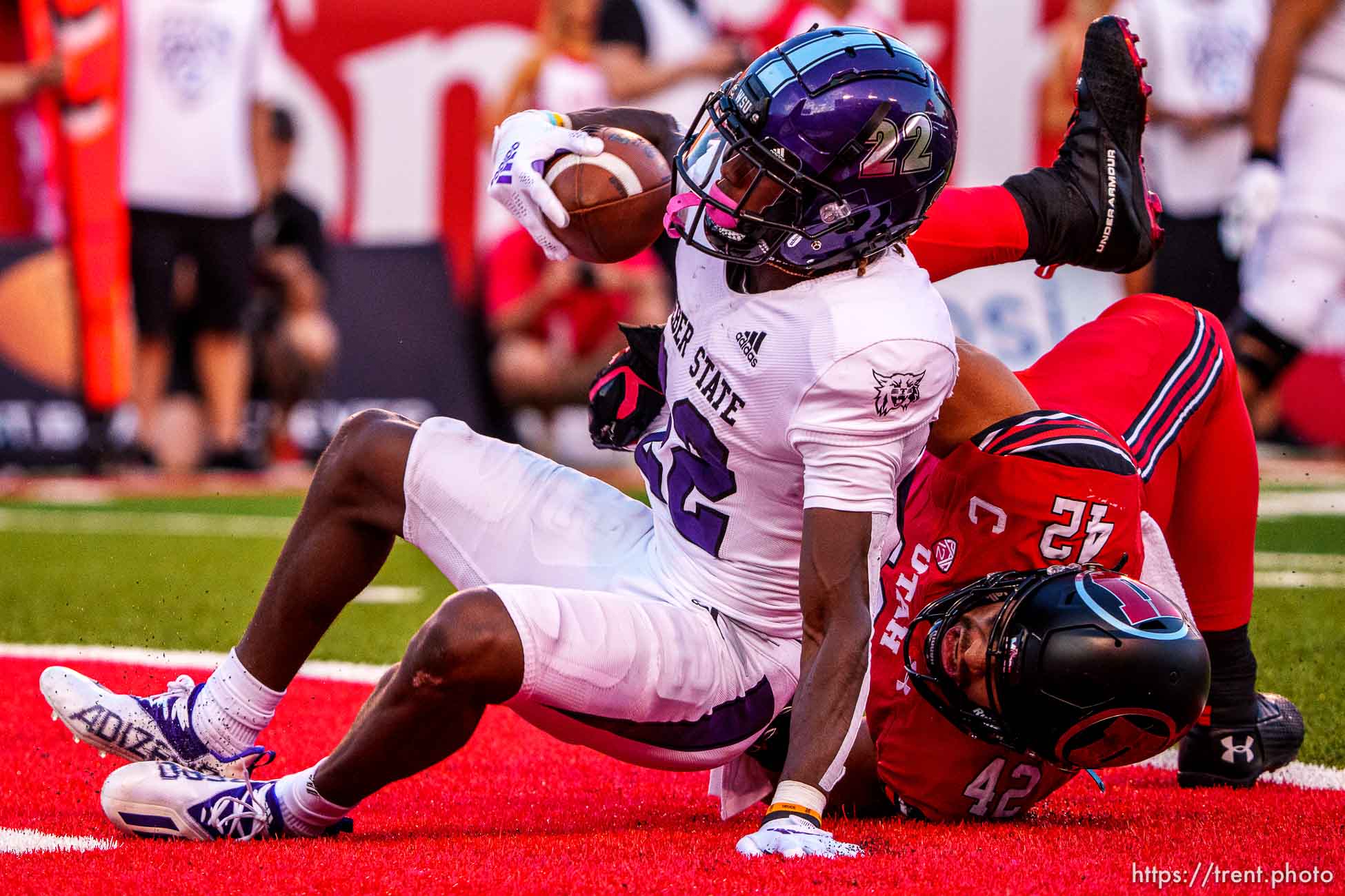 (Trent Nelson  |  The Salt Lake Tribune) Utah Utes defensive end Mika Tafua (42) tackles Weber State Wildcats wide receiver Rashid Shaheed (22) as the Utah Utes host the Weber State Wildcats in Salt Lake City on Thursday, Sept. 2, 2021.