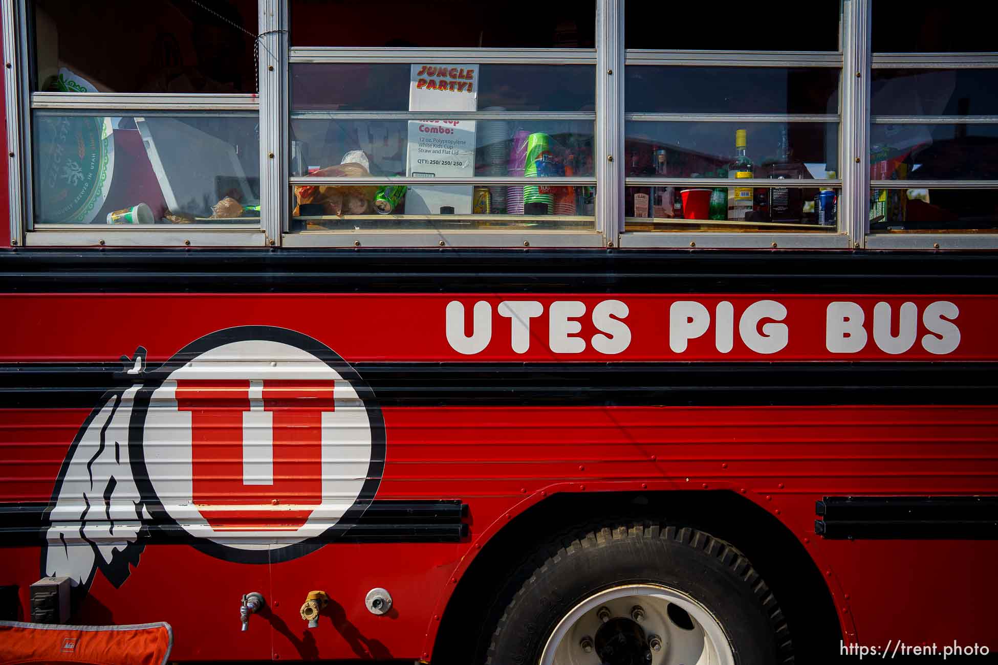 (Trent Nelson  |  The Salt Lake Tribune) The Utes Pig Bus in the tailgate parking lot, as the Utah Utes host the Weber State Wildcats in Salt Lake City on Thursday, Sept. 2, 2021.