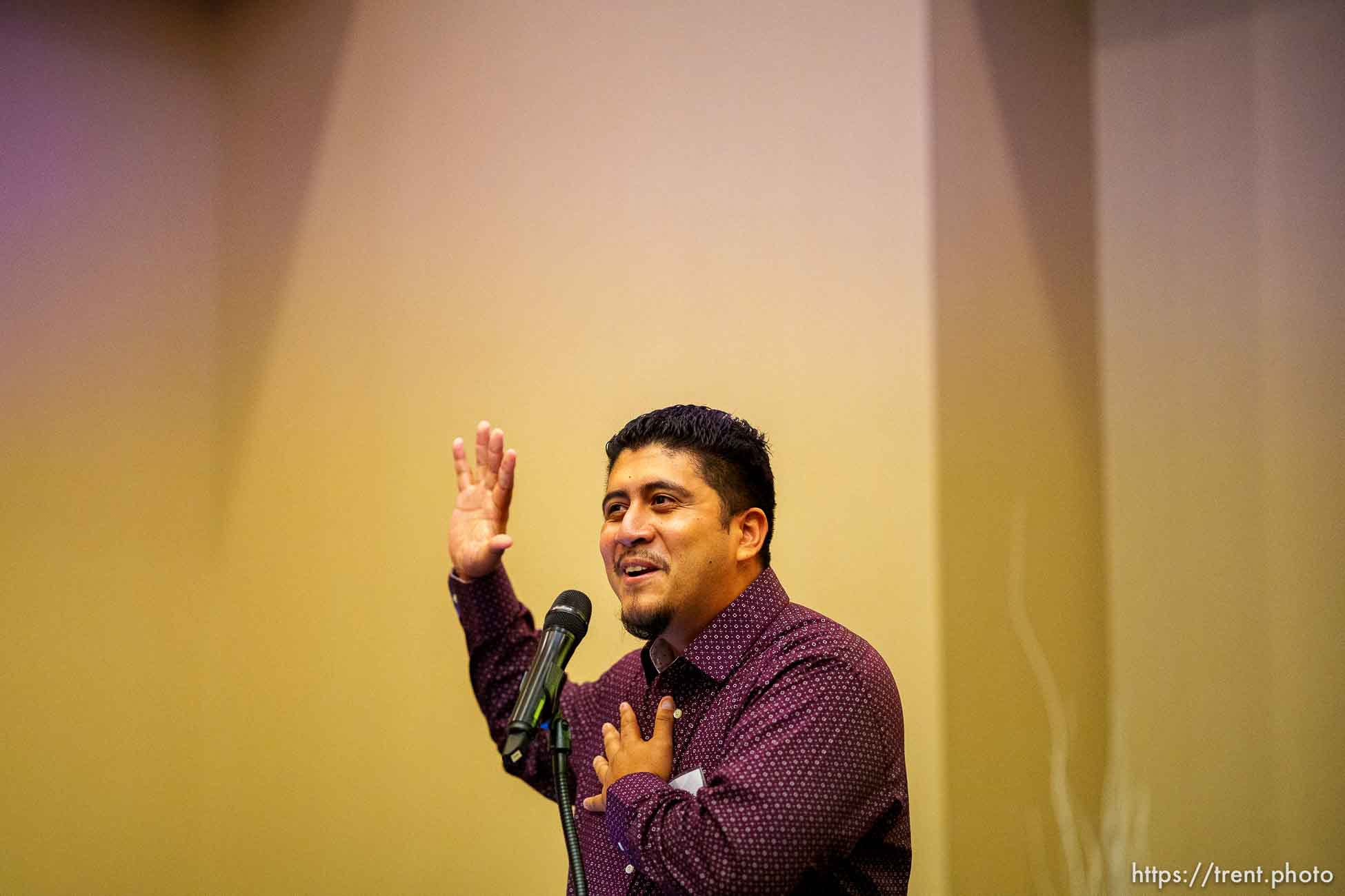 (Trent Nelson  |  The Salt Lake Tribune) Erick Garcia, University Neighborhood Partners, speaks at a Solutions Summit hosted by The Innovation Lab in West Valley City on Monday, Sept. 13, 2021.