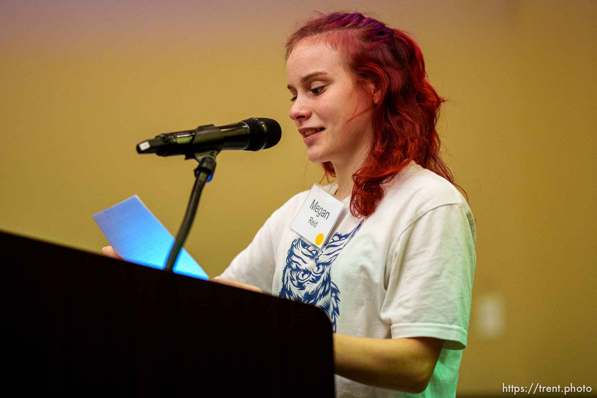 (Trent Nelson  |  The Salt Lake Tribune) Roots Charter High School student Megan Reid speaks at a Solutions Summit hosted by The Innovation Lab in West Valley City on Monday, Sept. 13, 2021.