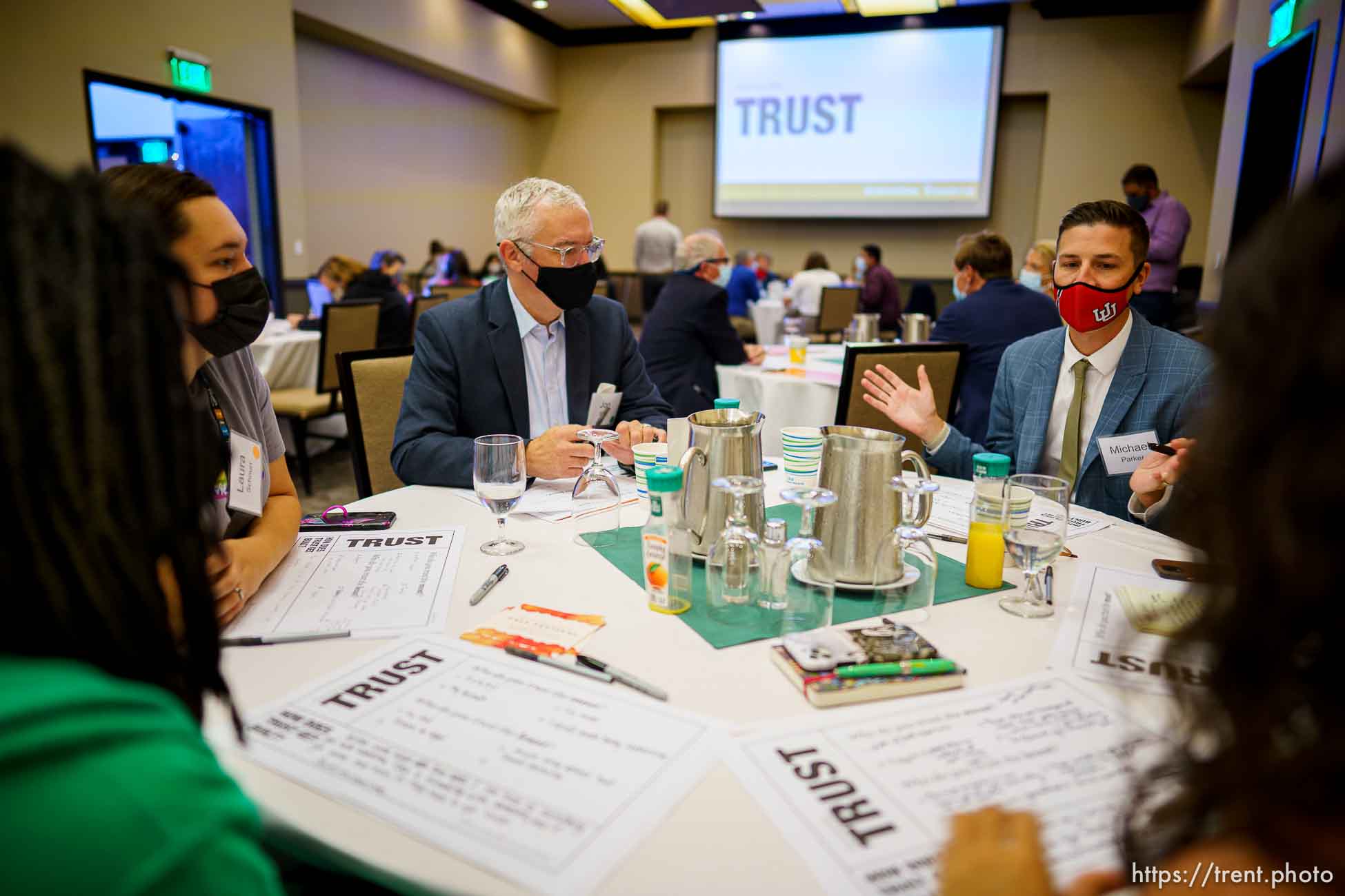 (Trent Nelson  |  The Salt Lake Tribune) Participants sharing thoughts and ideas at a Solutions Summit hosted by The Innovation Lab in West Valley City on Monday, Sept. 13, 2021. From left, Laura Schnurr, Jon Ball, and Michael Parker.