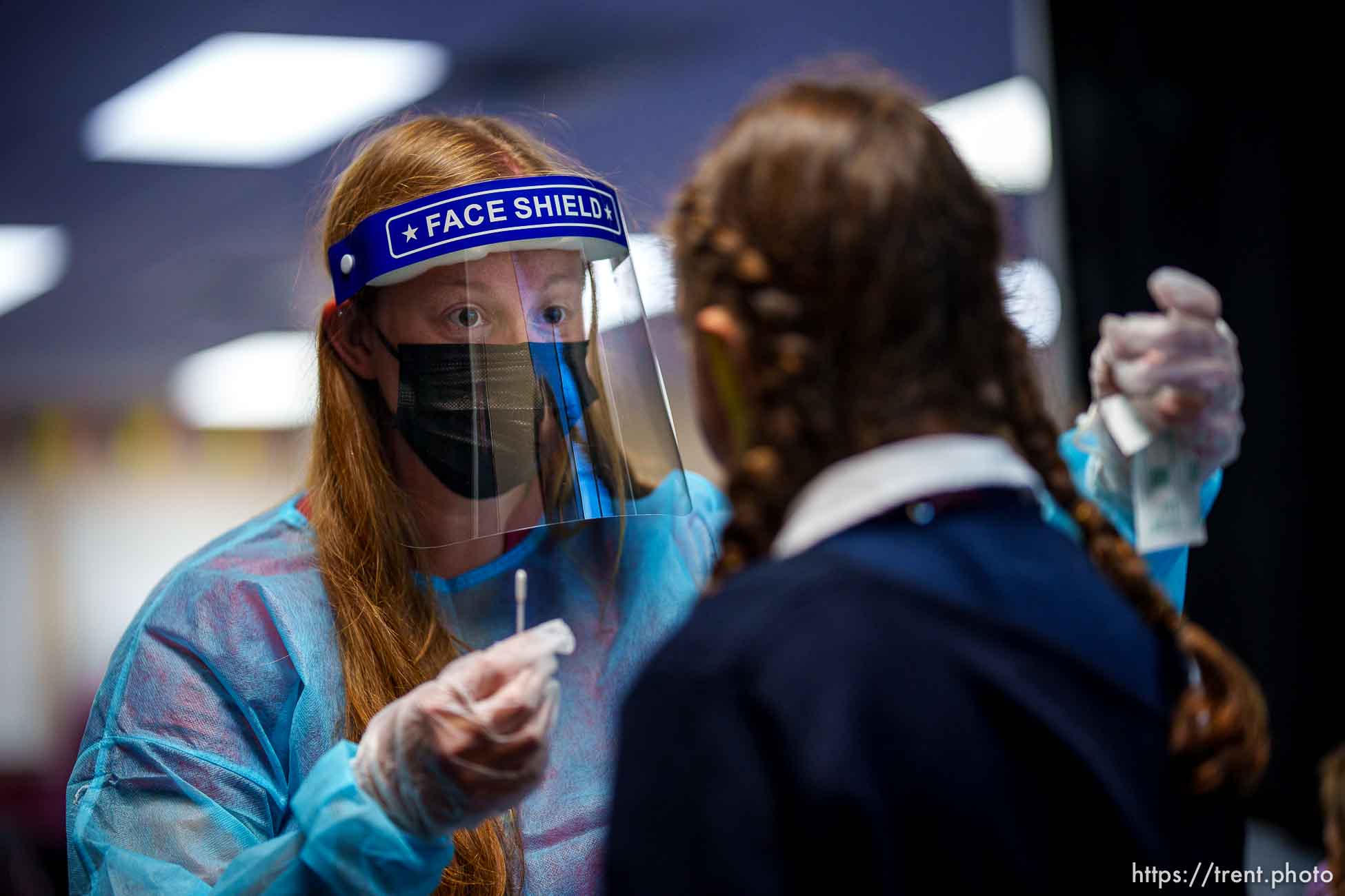 (Trent Nelson  |  The Salt Lake Tribune) School nurse Karen Thelin tests a student for COVID-19 at American Preparatory Academy in Draper on Tuesday, Sept. 14, 2021.