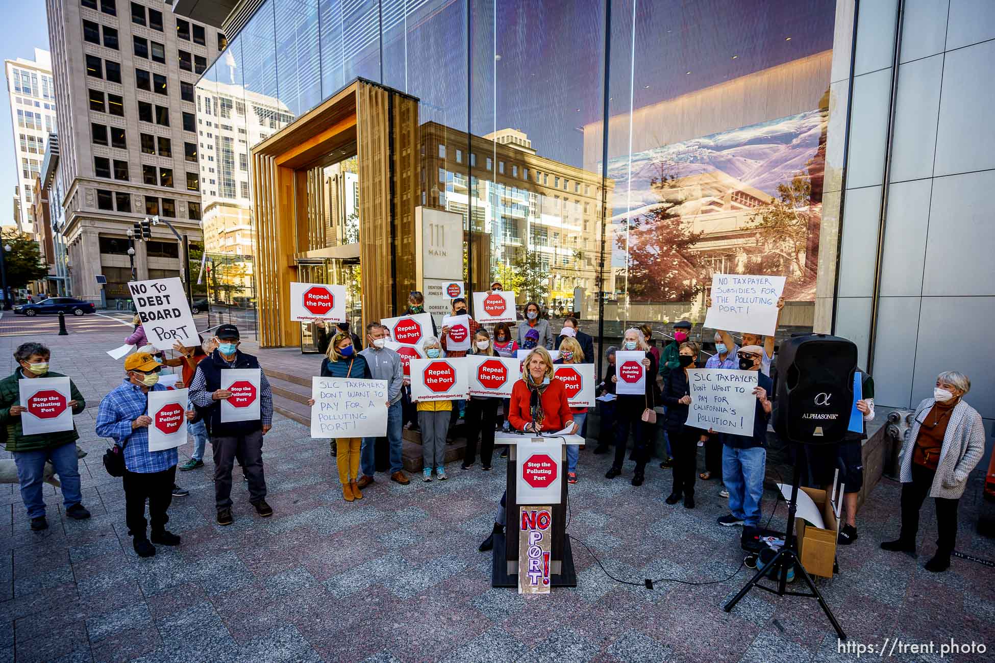 (Trent Nelson  |  The Salt Lake Tribune) Sarah Buck speaks at a news conference by Stop the Polluting Port Coalition in Salt Lake City on Monday, Sept. 20, 2021.