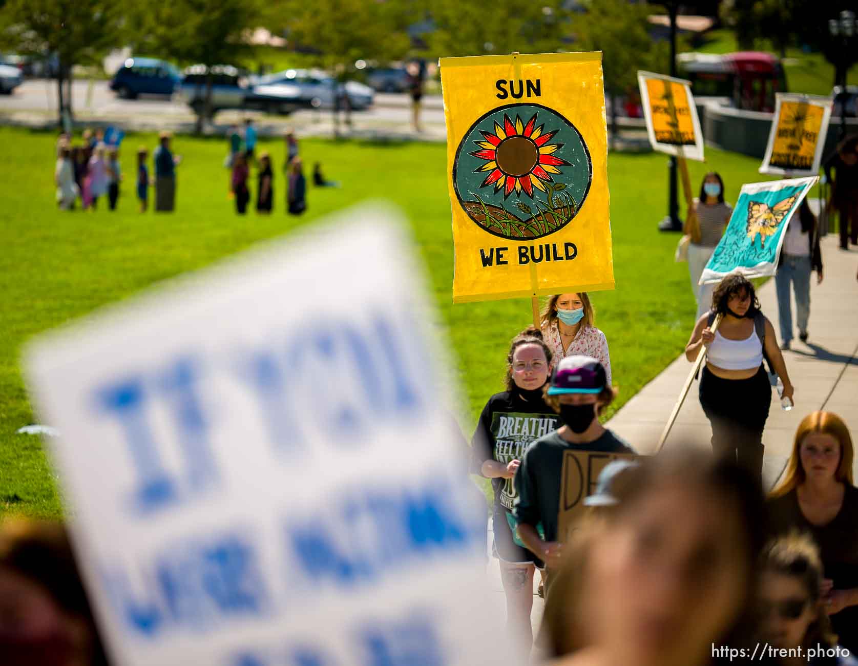 (Trent Nelson  |  The Salt Lake Tribune) Youth march to the State Capitol in Salt Lake City for Future Utah’s climate strike on Friday, Sept. 24, 2021..