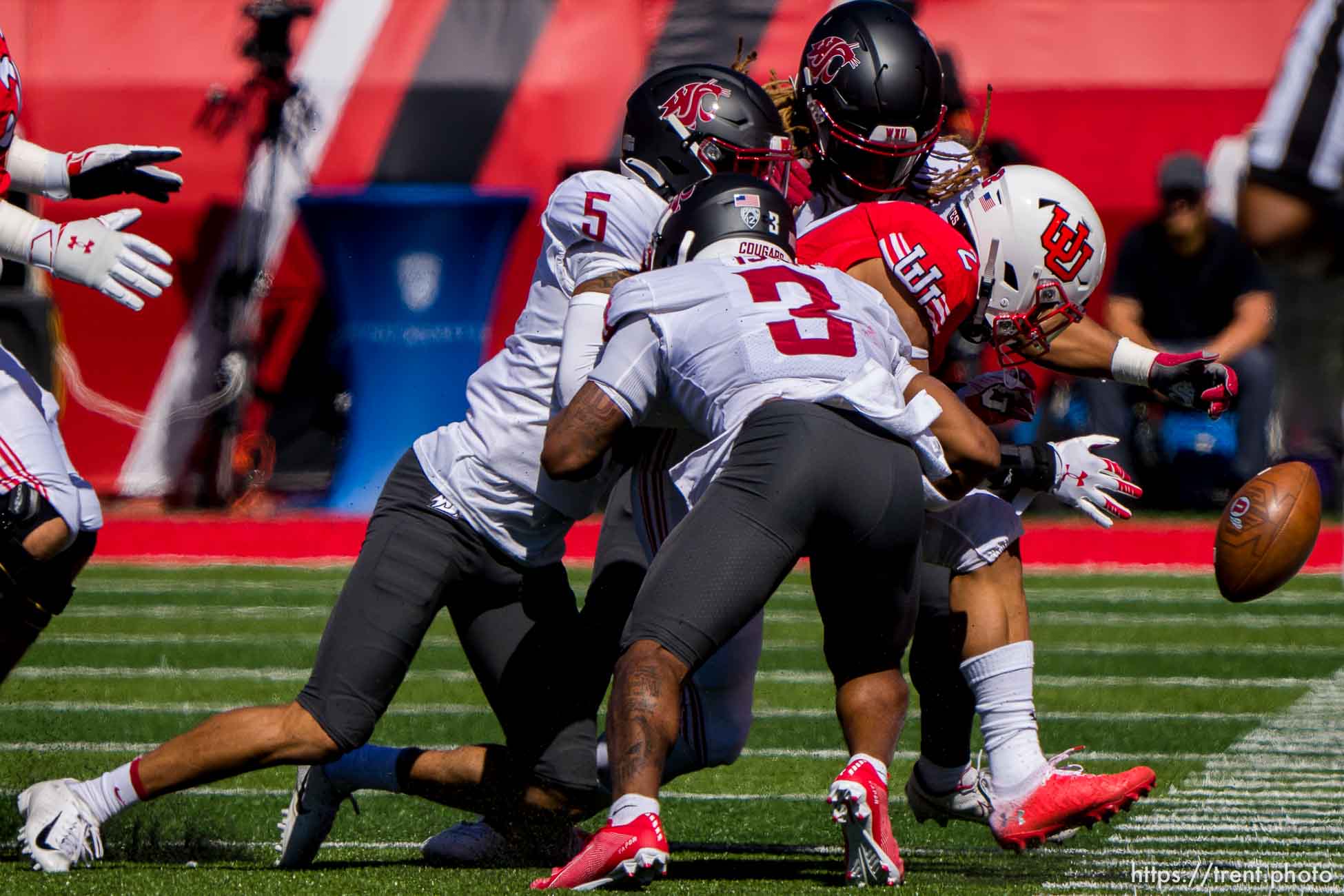 (Trent Nelson  |  The Salt Lake Tribune) Utah Utes running back Micah Bernard (2) loses the ball out of bounds as the University of Utah hosts Washington State, NCAA football in Salt Lake City on Saturday, Sept. 25, 2021.