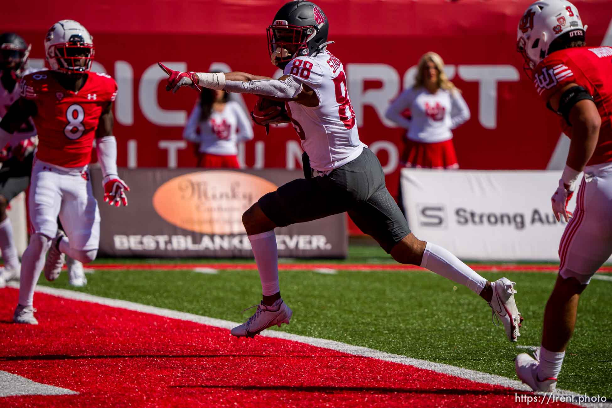 (Trent Nelson  |  The Salt Lake Tribune) Washington State Cougars wide receiver De'Zhaun Stribling (88) scores a touchdown as the University of Utah hosts Washington State, NCAA football in Salt Lake City on Saturday, Sept. 25, 2021.