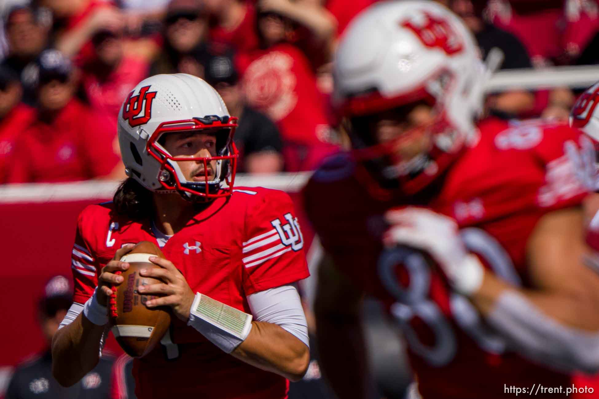 (Trent Nelson  |  The Salt Lake Tribune) Utah Utes quarterback Cameron Rising (7) as the University of Utah hosts Washington State, NCAA football in Salt Lake City on Saturday, Sept. 25, 2021.