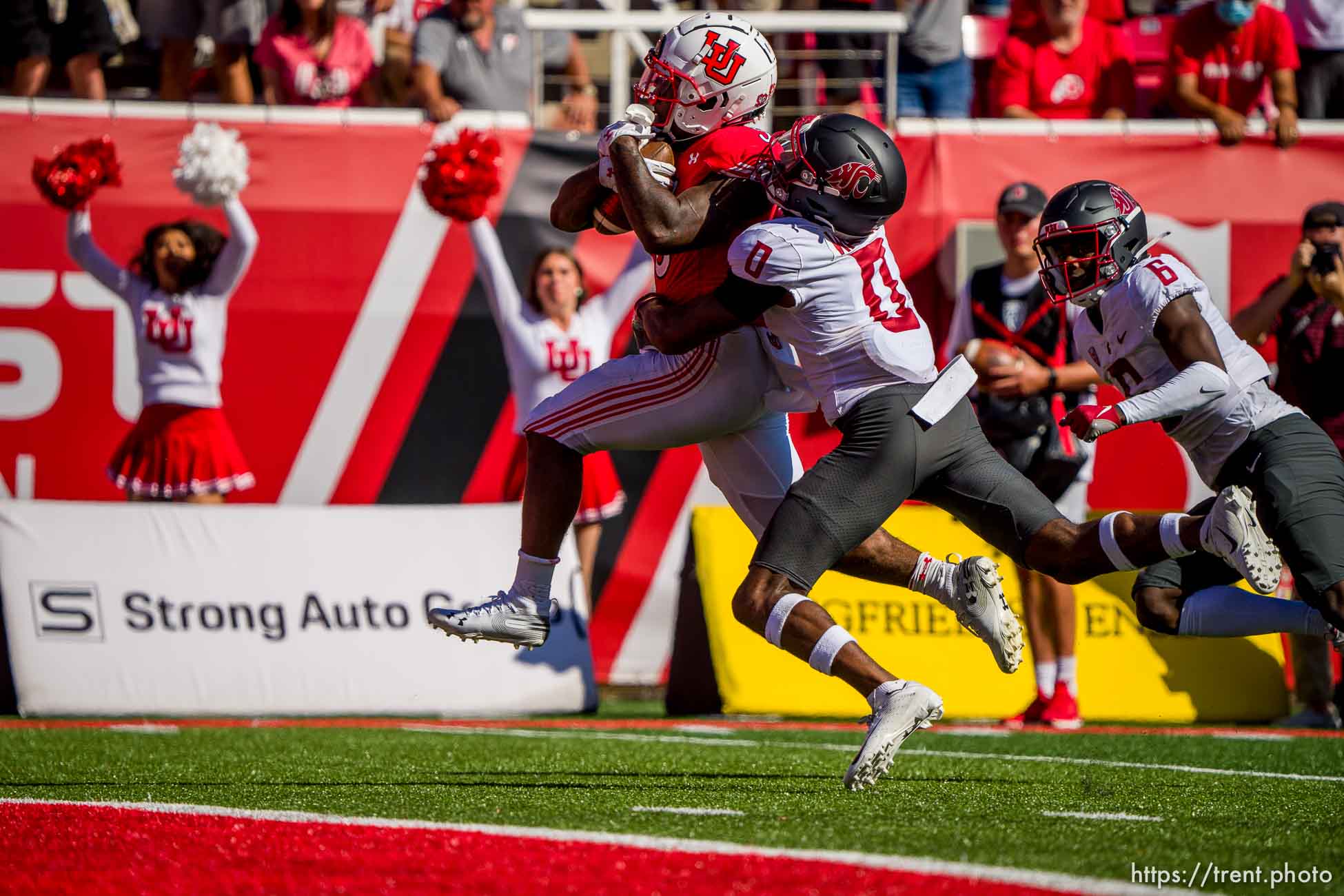 (Trent Nelson  |  The Salt Lake Tribune) Utah Utes running back TJ Pledger (5) runs for a touchdown as the University of Utah hosts Washington State, NCAA football in Salt Lake City on Saturday, Sept. 25, 2021.