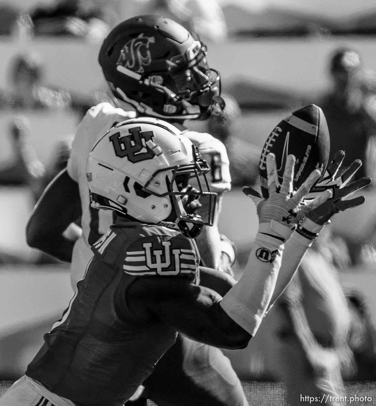 (Trent Nelson  |  The Salt Lake Tribune) Utah Utes cornerback Clark Phillips III (8) makes an interception late in the fourth quarter as the University of Utah hosts Washington State, NCAA football in Salt Lake City on Saturday, Sept. 25, 2021.