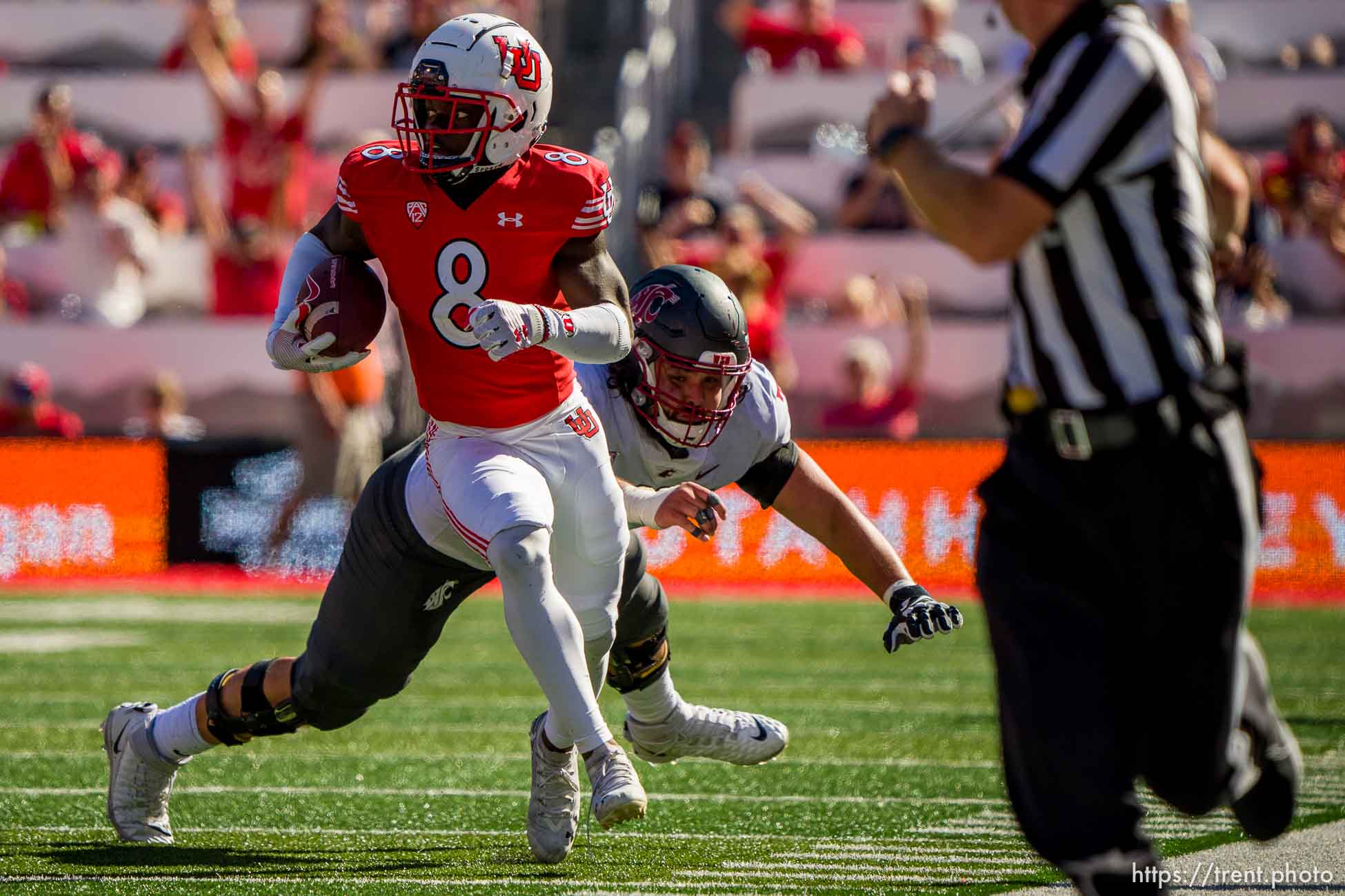 (Trent Nelson  |  The Salt Lake Tribune) Utah Utes cornerback Clark Phillips III (8) makes an interception late in the fourth quarter as the University of Utah hosts Washington State, NCAA football in Salt Lake City on Saturday, Sept. 25, 2021.