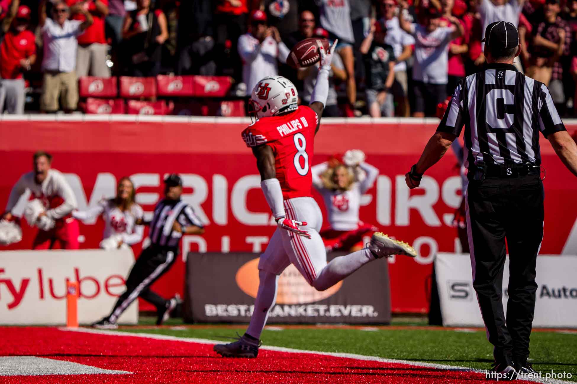 (Trent Nelson  |  The Salt Lake Tribune) Utah Utes cornerback Clark Phillips III (8) makes an interception late in the fourth quarter as the University of Utah hosts Washington State, NCAA football in Salt Lake City on Saturday, Sept. 25, 2021.