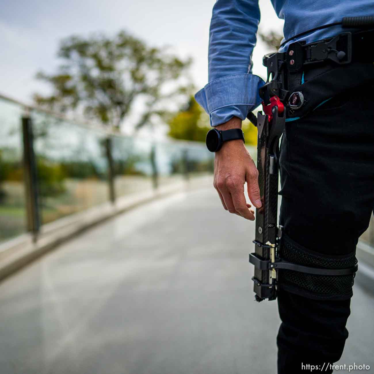 (Trent Nelson  |  The Salt Lake Tribune) Tommaso Lenzi wearing an exoskeleton that provides assistance for leg amuptees while walking, at the University of Utah on Wednesday, Oct. 13, 2021.