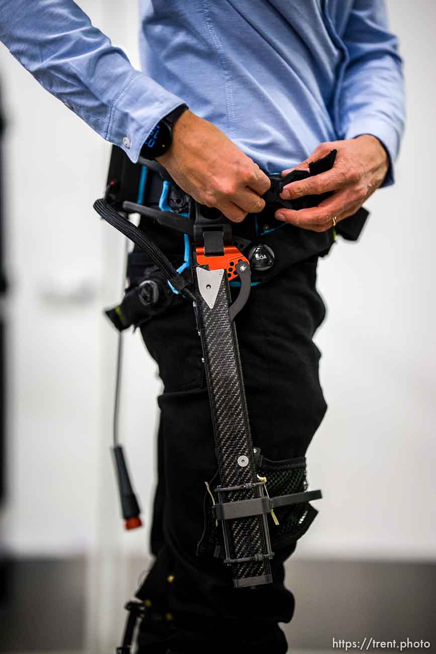 (Trent Nelson  |  The Salt Lake Tribune) Tommaso Lenzi wearing an exoskeleton that provides assistance for leg amuptees while walking, at the University of Utah on Wednesday, Oct. 13, 2021.