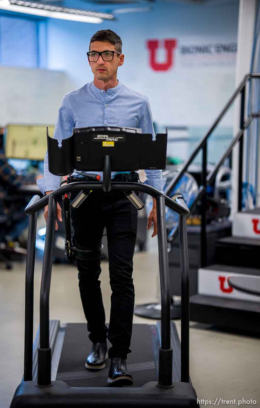 (Trent Nelson  |  The Salt Lake Tribune) Tommaso Lenzi testing an exoskeleton that provides assistance for leg amuptees while walking, at the University of Utah on Wednesday, Oct. 13, 2021.