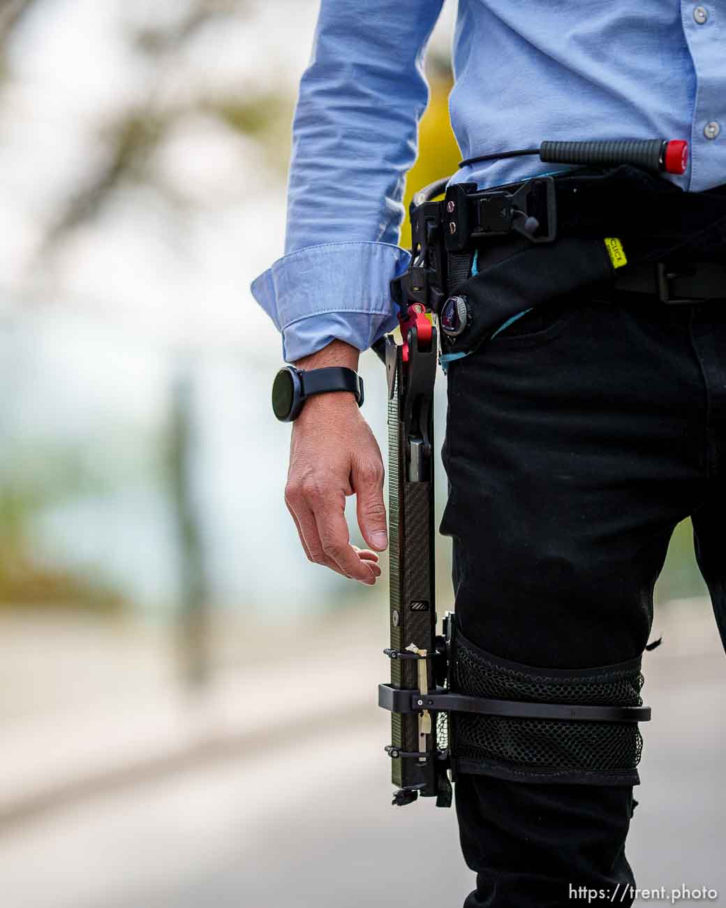 (Trent Nelson  |  The Salt Lake Tribune) Tommaso Lenzi wearing an exoskeleton that provides assistance for leg amuptees while walking, at the University of Utah on Wednesday, Oct. 13, 2021.