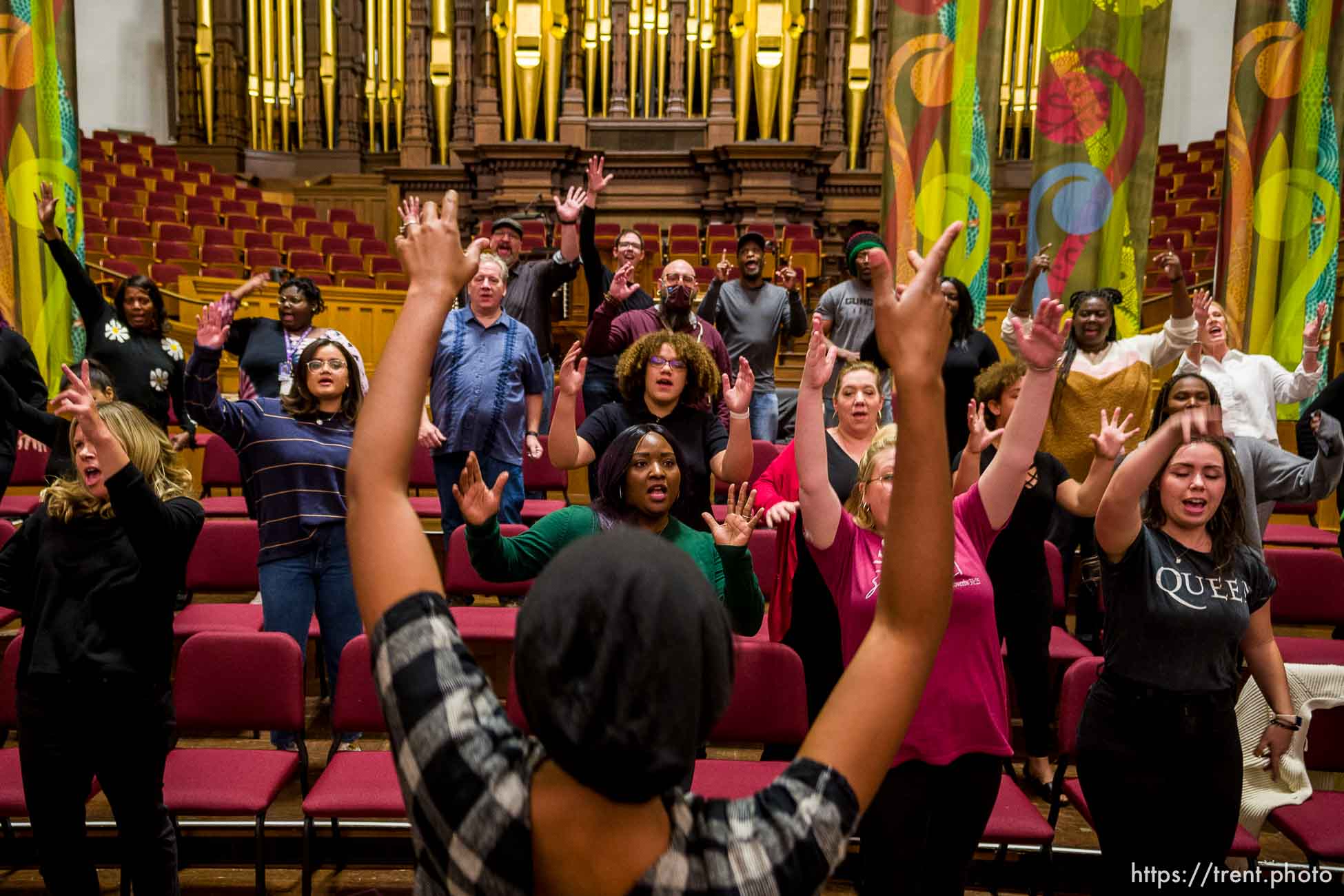 (Trent Nelson  |  The Salt Lake Tribune) The Debra Bonner Unity Gospel Choir rehearses in the Tabernacle for a celebration of the 50th aniversary of the Genesis Group, in Salt Lake City on Tuesday, Oct. 19, 2021.