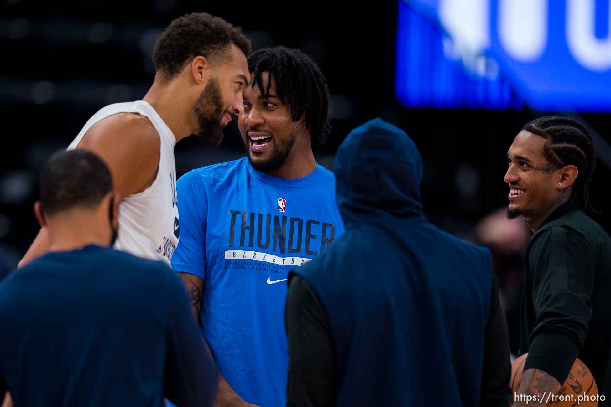 (Trent Nelson  |  The Salt Lake Tribune) Utah Jazz center Rudy Gobert (27) and Oklahoma City Thunder center Derrick Favors (15) before the game as the Utah Jazz host the Oklahoma City Thunder, NBA basketball in Salt Lake City on Wednesday, Oct. 20, 2021.