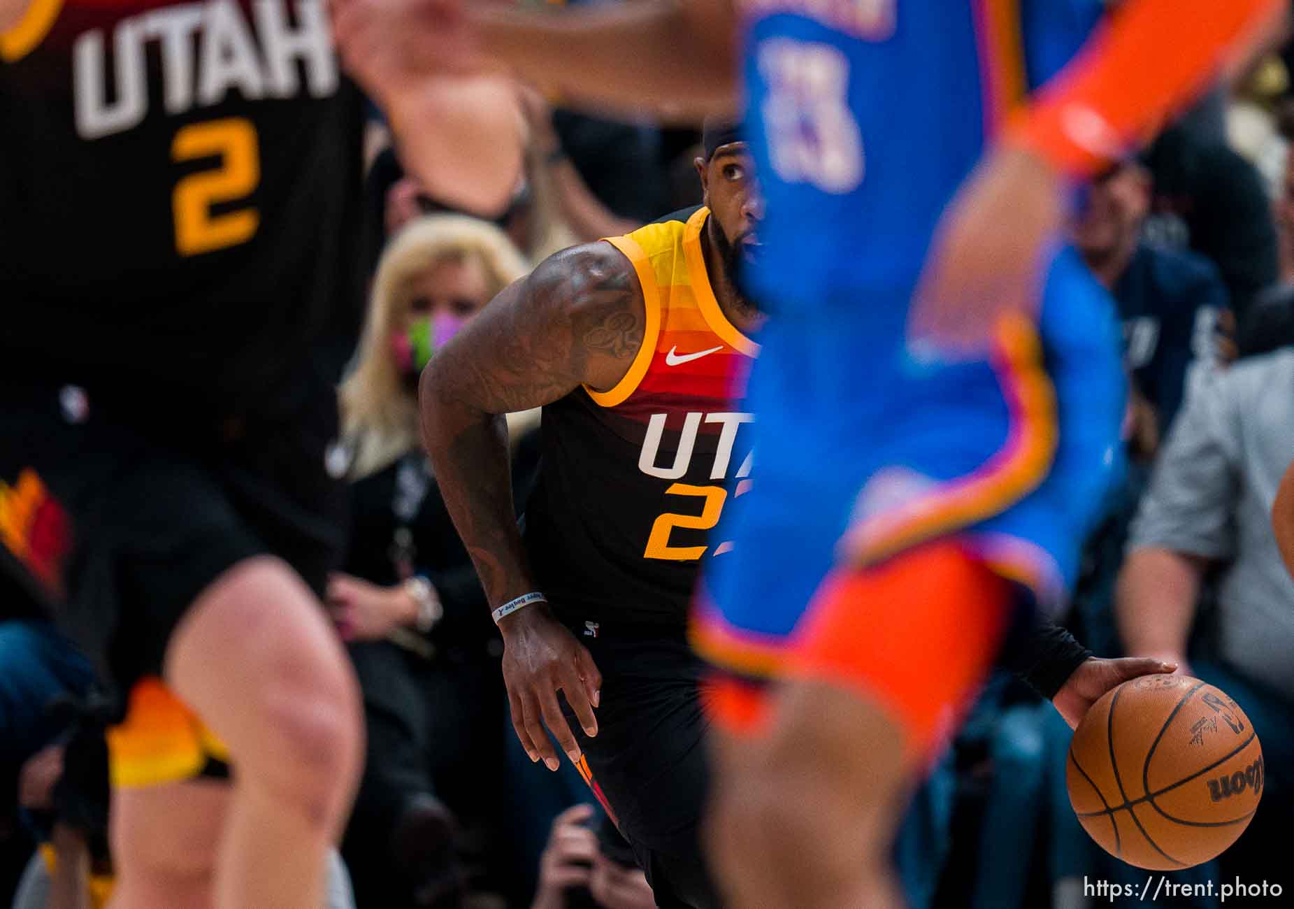 (Trent Nelson  |  The Salt Lake Tribune) Utah Jazz forward Royce O'Neale (23) as the Utah Jazz host the Oklahoma City Thunder, NBA basketball in Salt Lake City on Wednesday, Oct. 20, 2021.